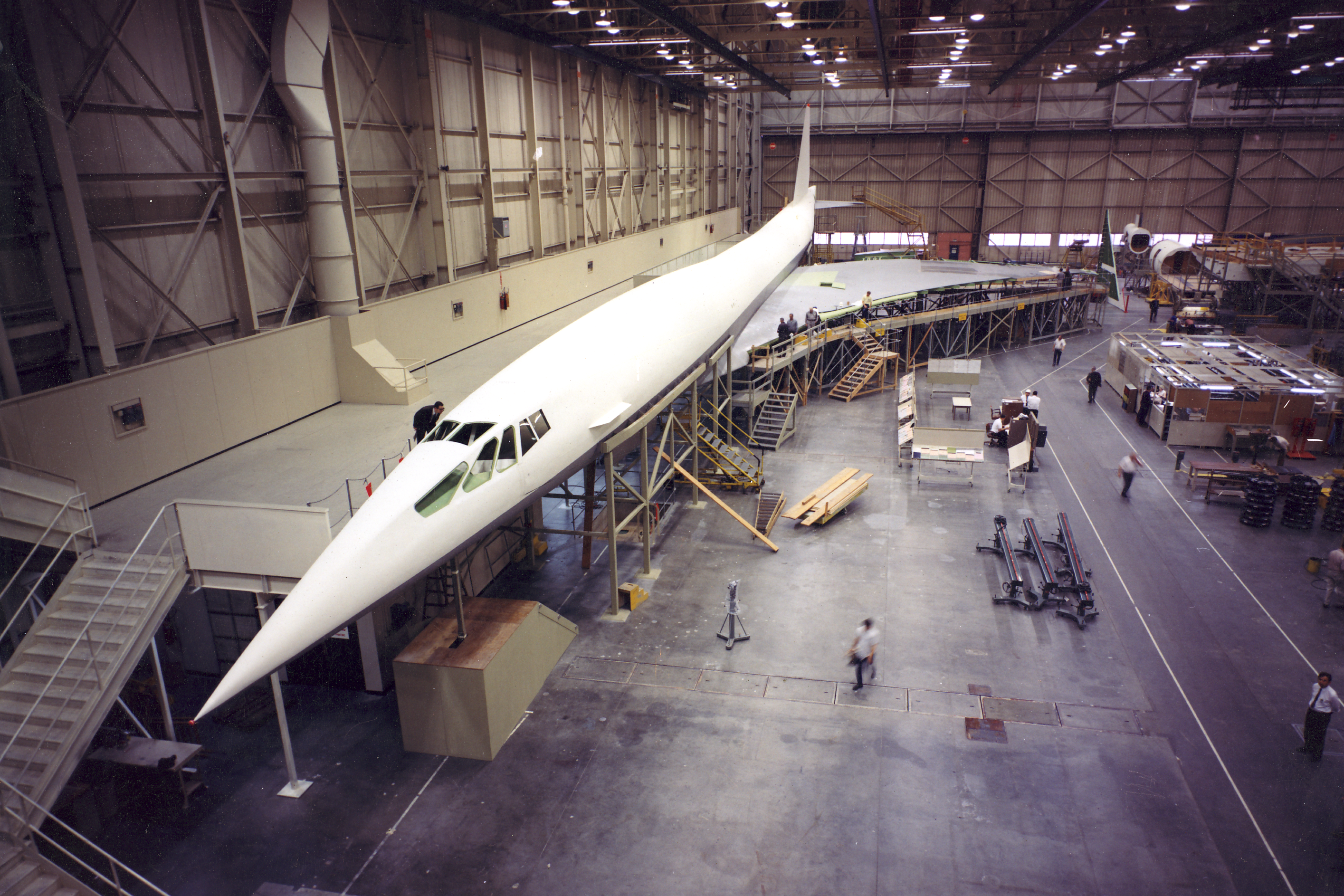 A partially constructed Boeing 2707 on display.