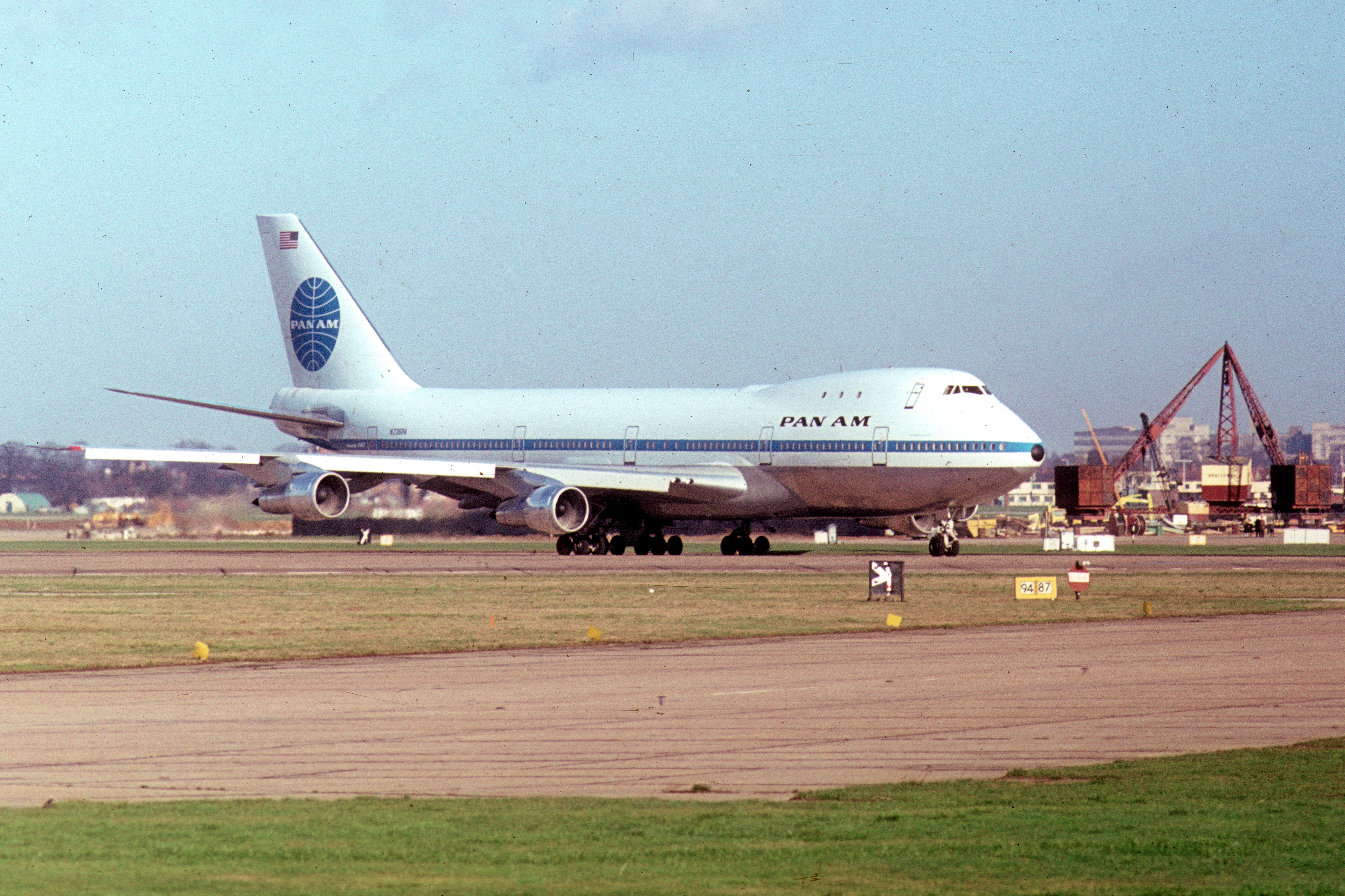 A Pan Am Boeing 747 on an airport apron.