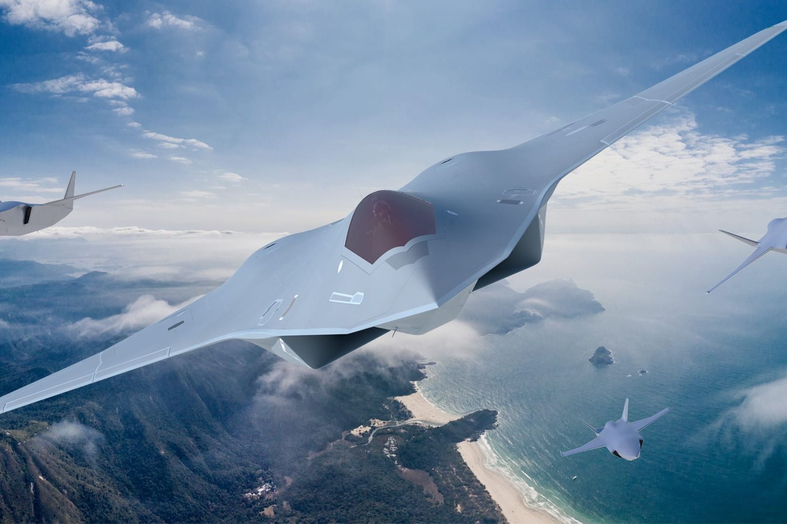 A render of several 6th Generation Fighters flying near a coastal area.