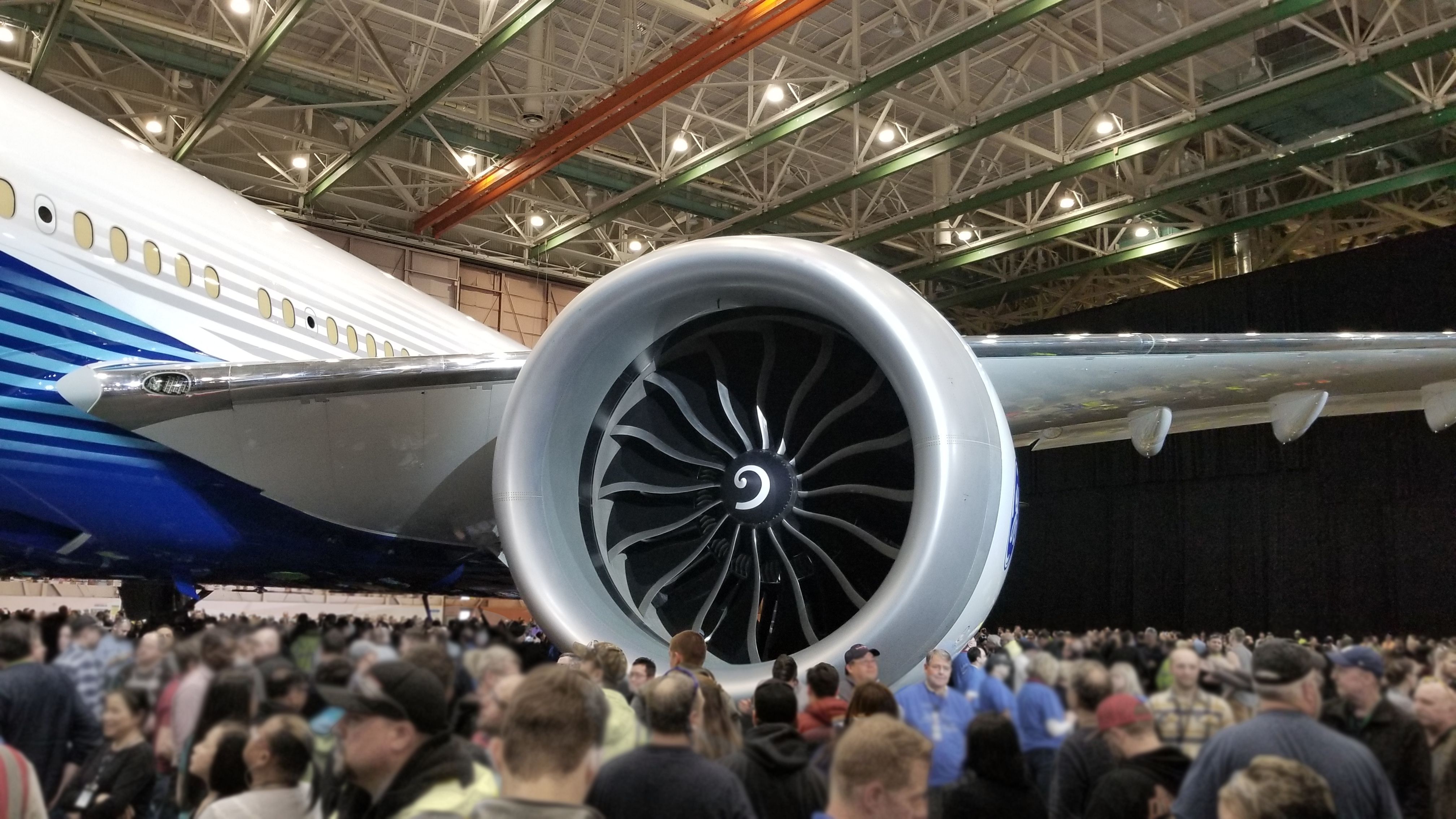 A closeup of a Boeing 777X GE9X engine.