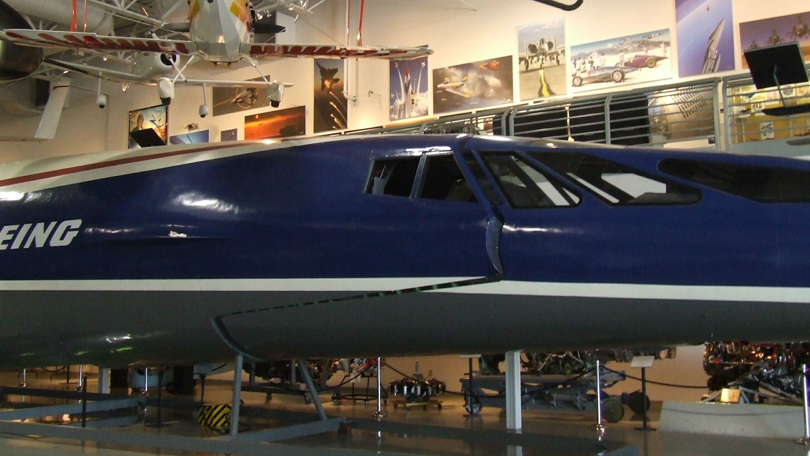 A painted Boeing 2707 mockup on display.