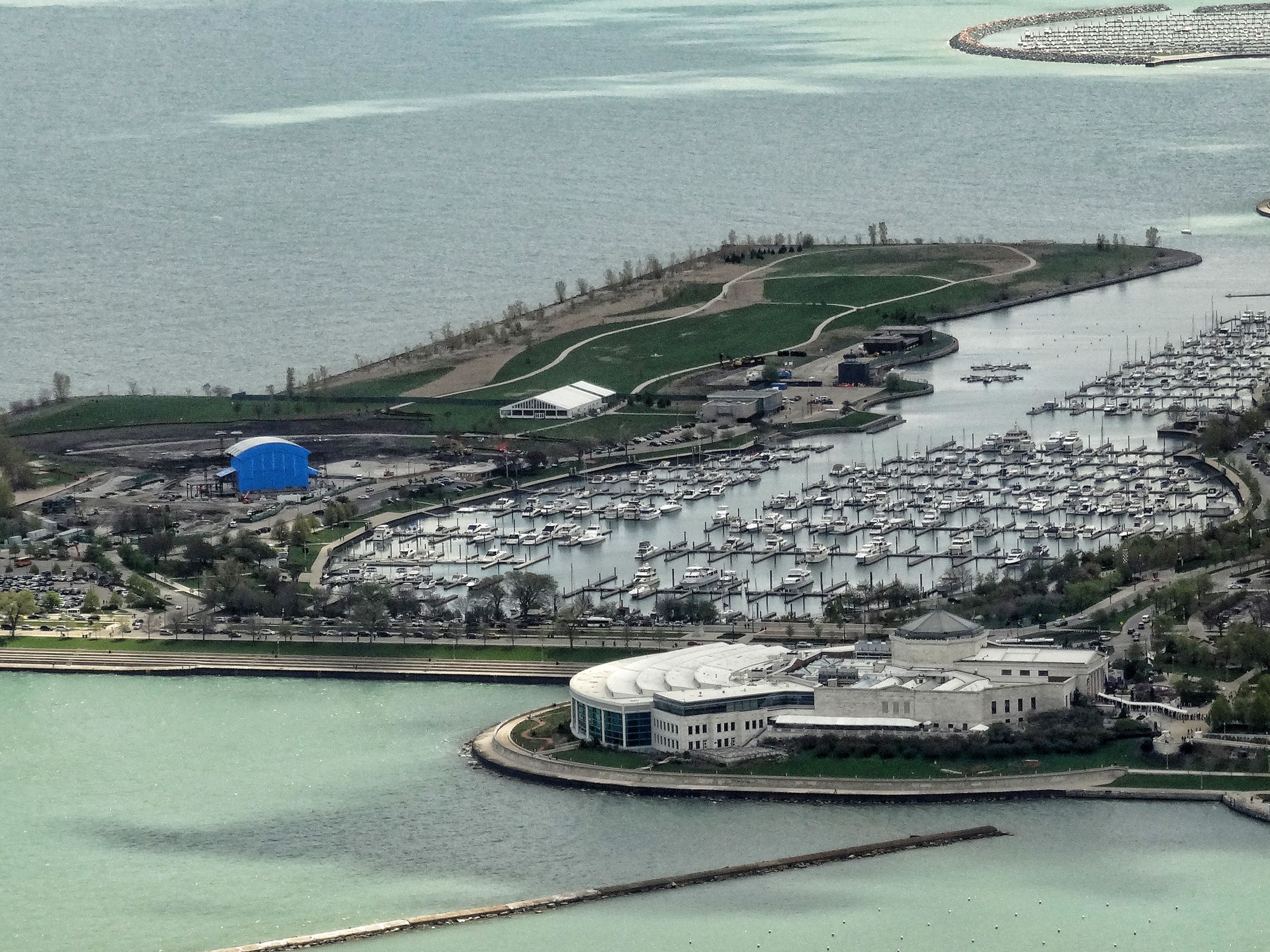 The Shedd Aquarium, Northerly Island, and Burnham Harbor in Chicago seen from the 80th floor at 200 East Randolph Street.