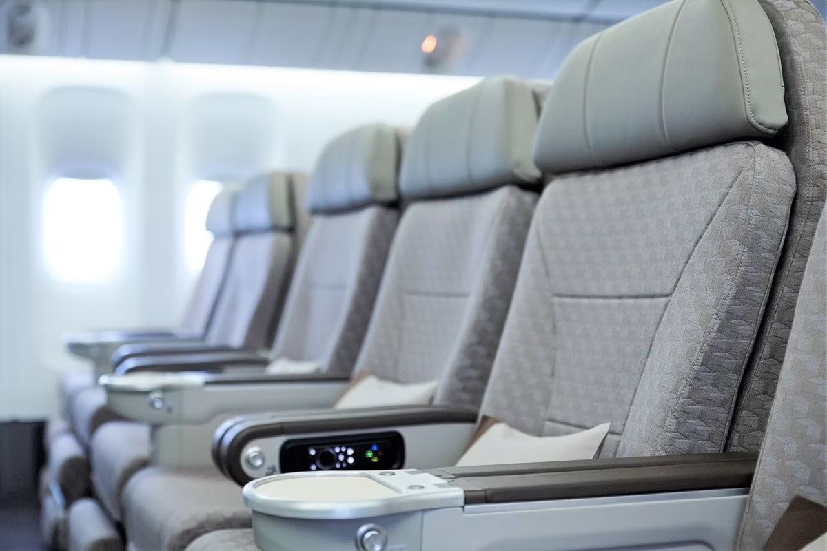 A row of premium economy seats on EVA Air's Boeing 777.
