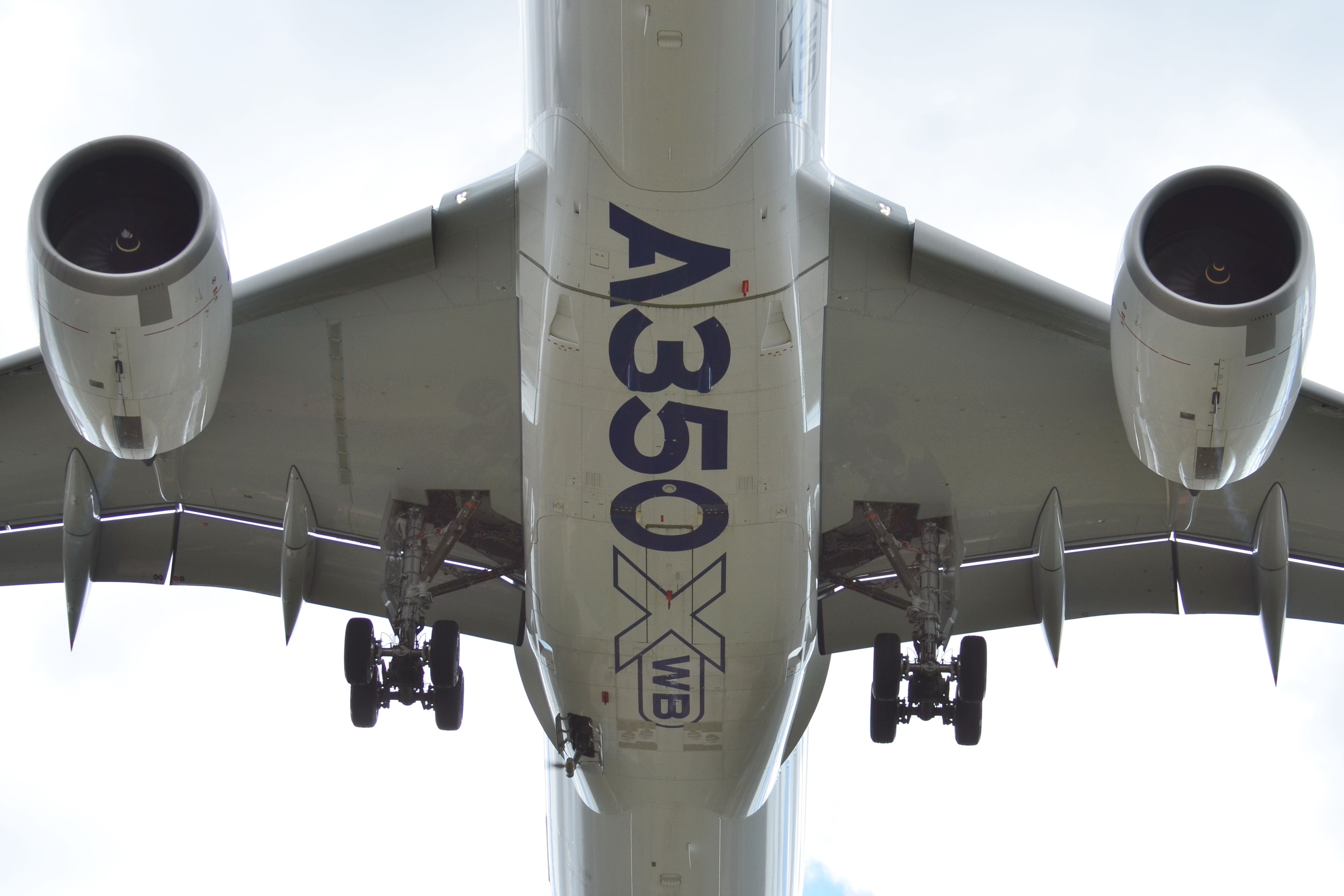 A closeup of the underbelley of the Airbus A350 with its Ram Air Turbine out.