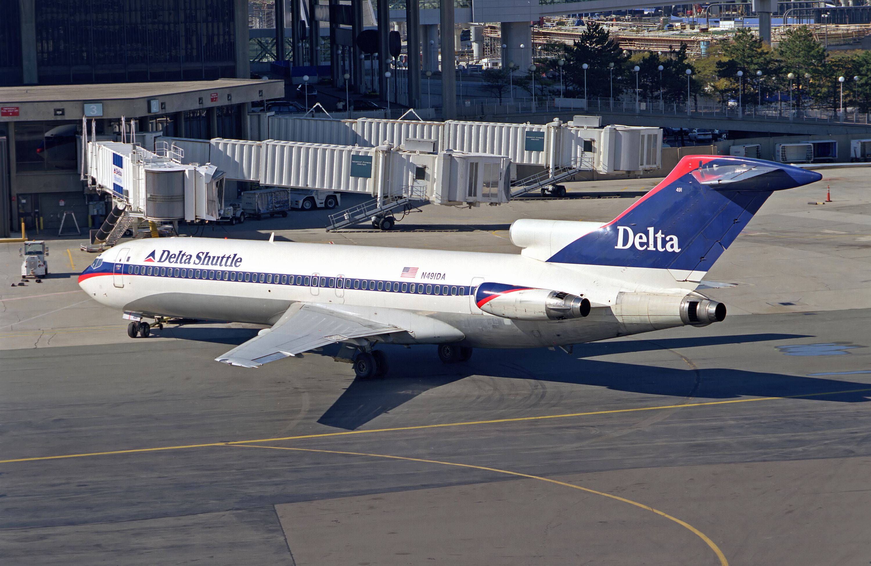 A Delta Air Lines Boeing 727 on the apron at Boston Logan International Airport in 2000.