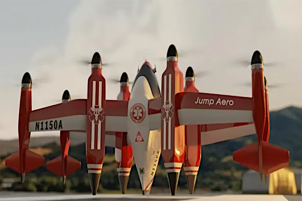 A rendering of a Jump Aero eVTOL aircraft awaiting takeoff.