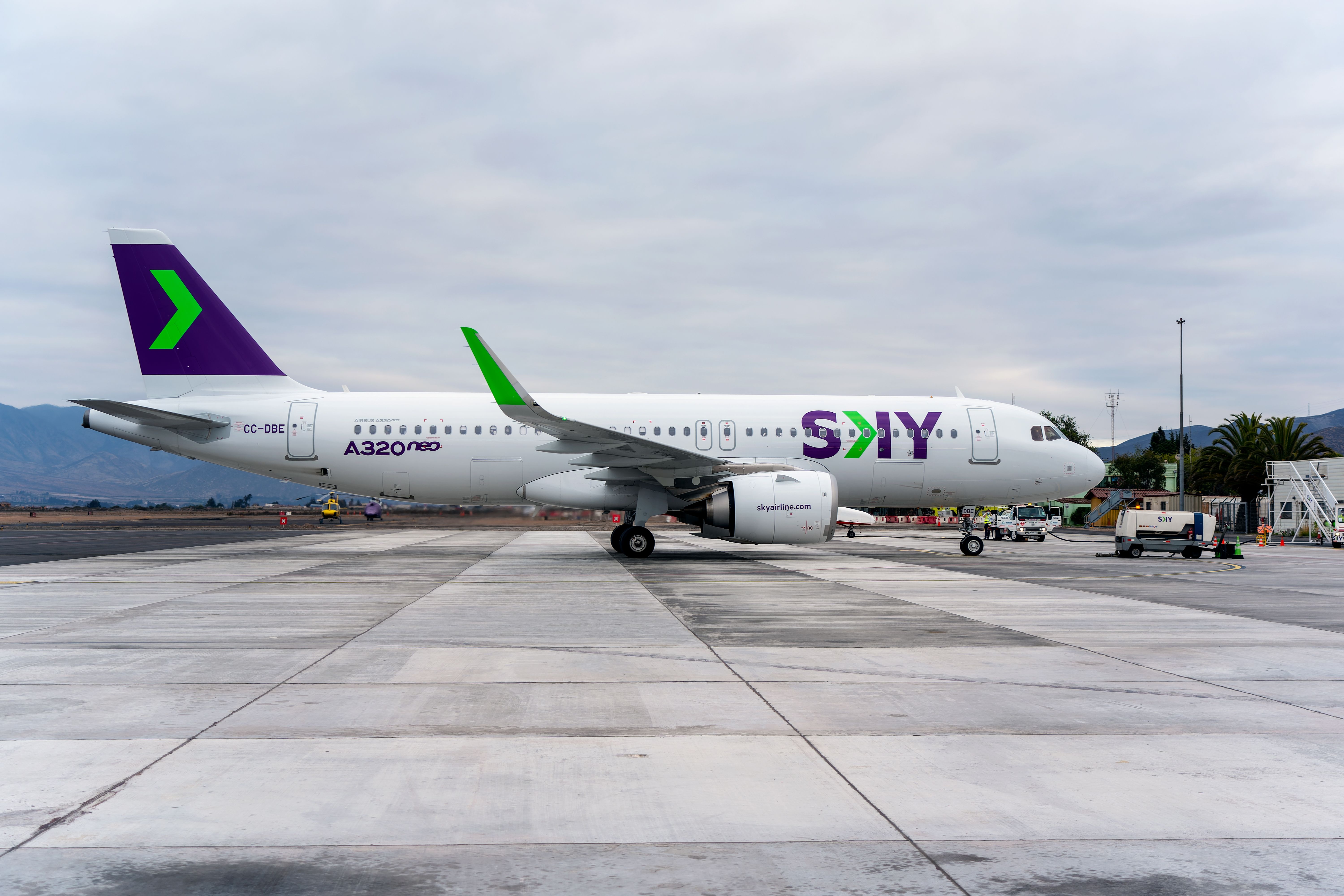 A Sky Airline Airbus A320neo aircraft parked in La Serena, Chile.