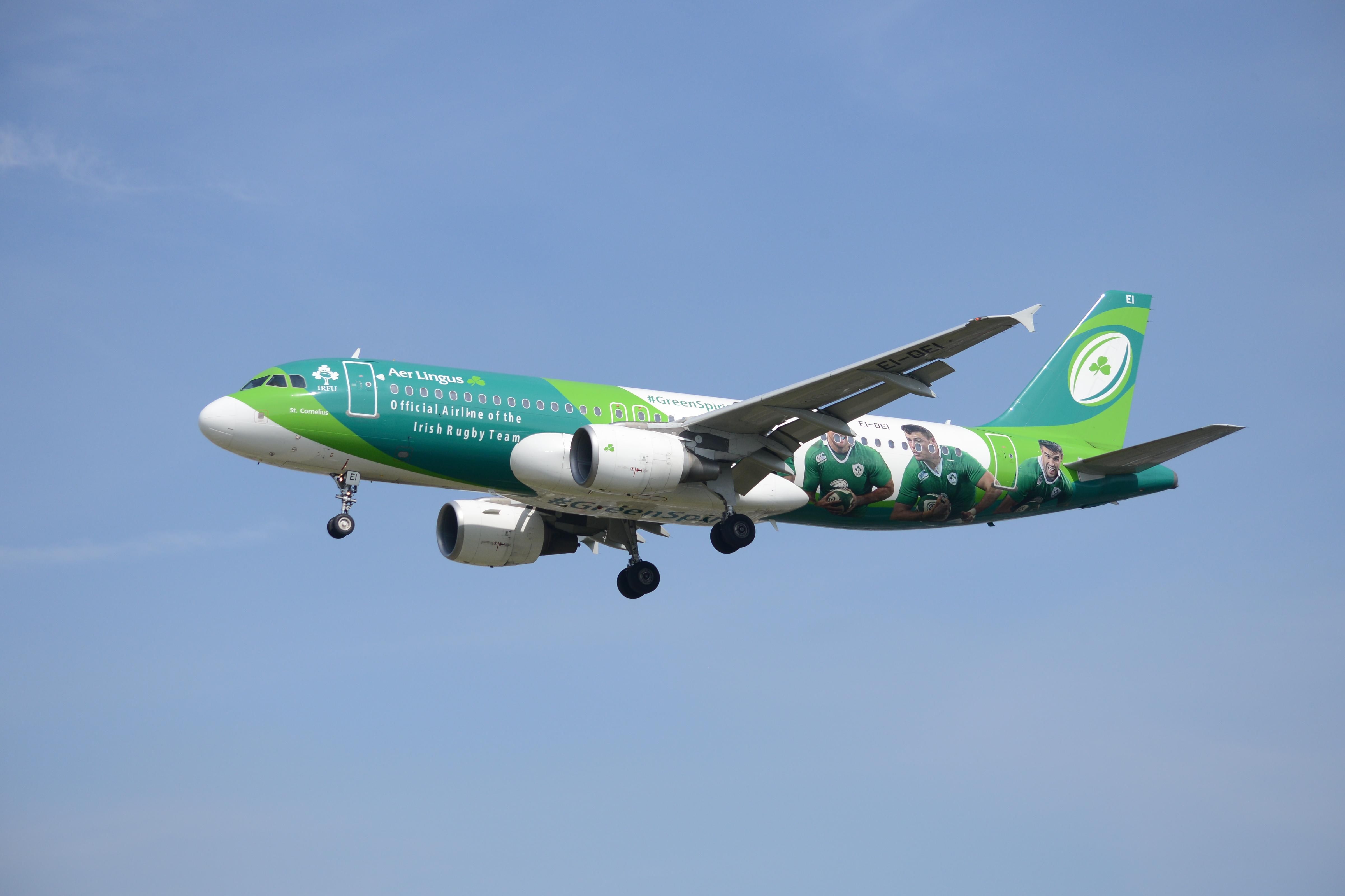 An Aer Lingus Airbus A320 flying in the sky.