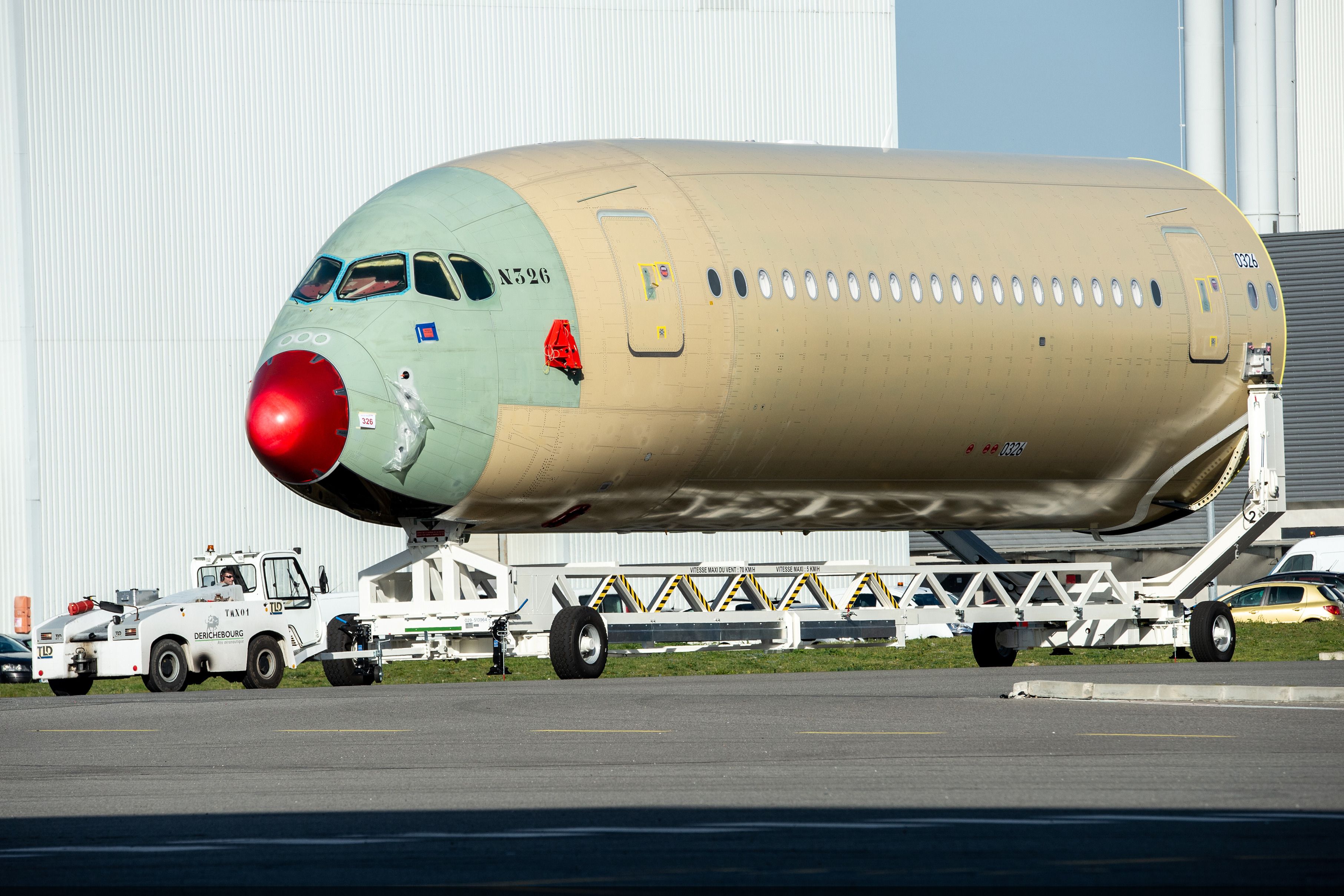 A section of a British Airways Airbus A350-1000 fuselage being transported.