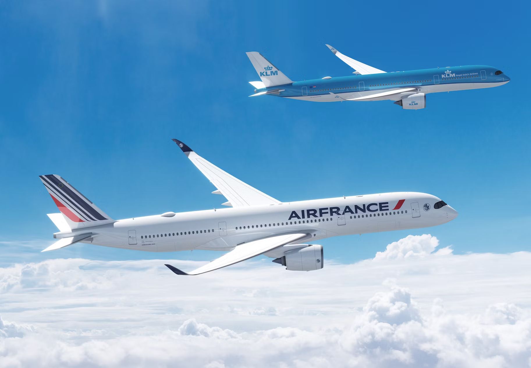 Air France and KLM Airbus A350 aircraft flying in formation.