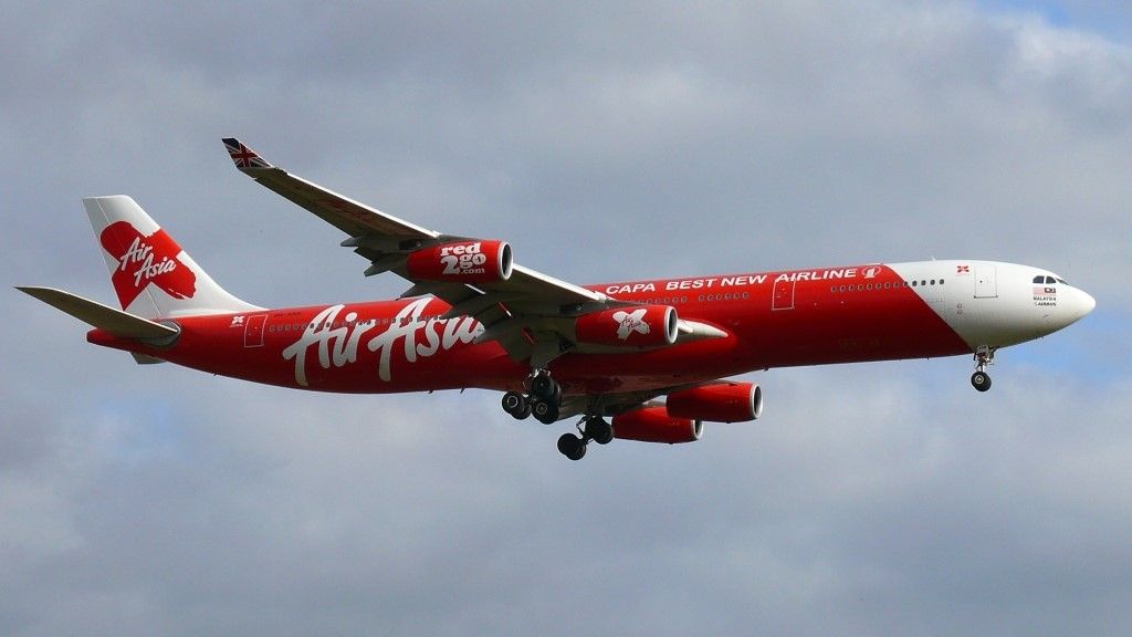 An AirAsia X Airbus A340-300 about to land.