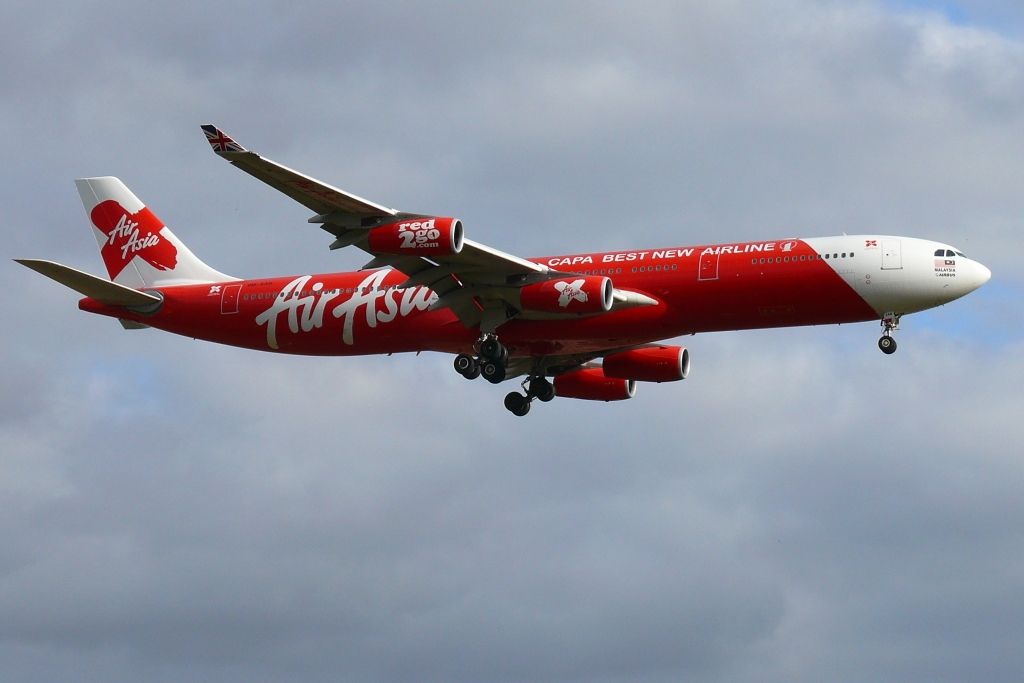 An AirAsia X Airbus A340-300 about to land.