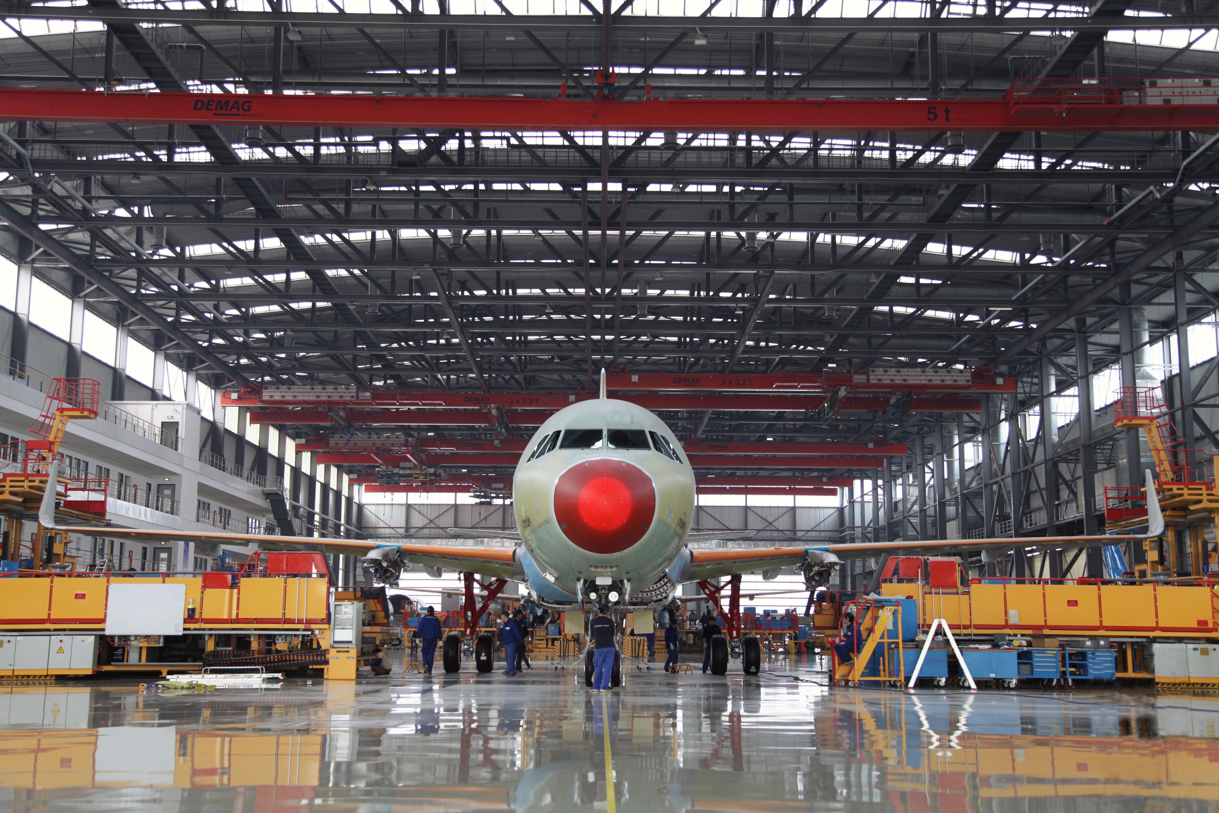 An Airbus A320 parked in the Final Assembly Line in Tianjin.