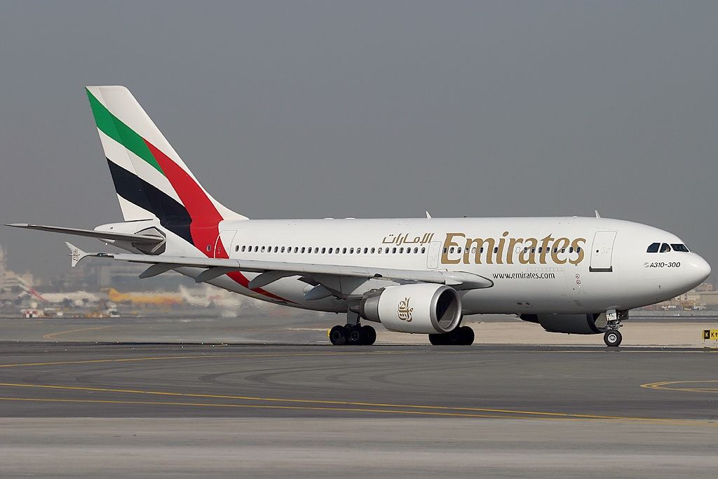 An Emirates Airbus A310-300 on a taxiway.