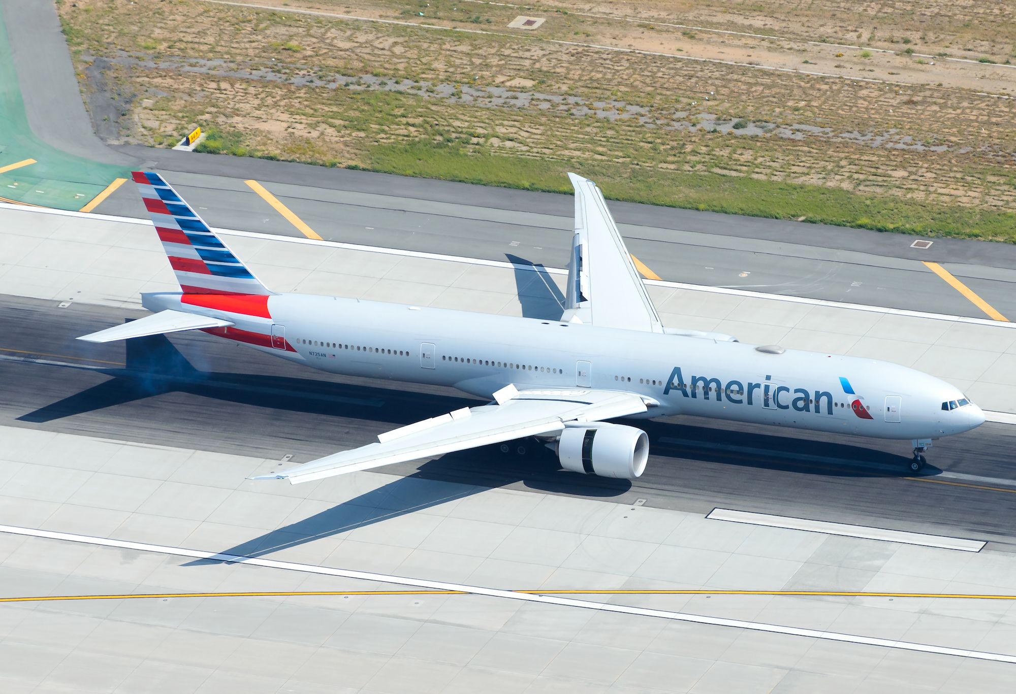 An American Airlines Boeing 777 on the runway at Los Angeles International Airport.