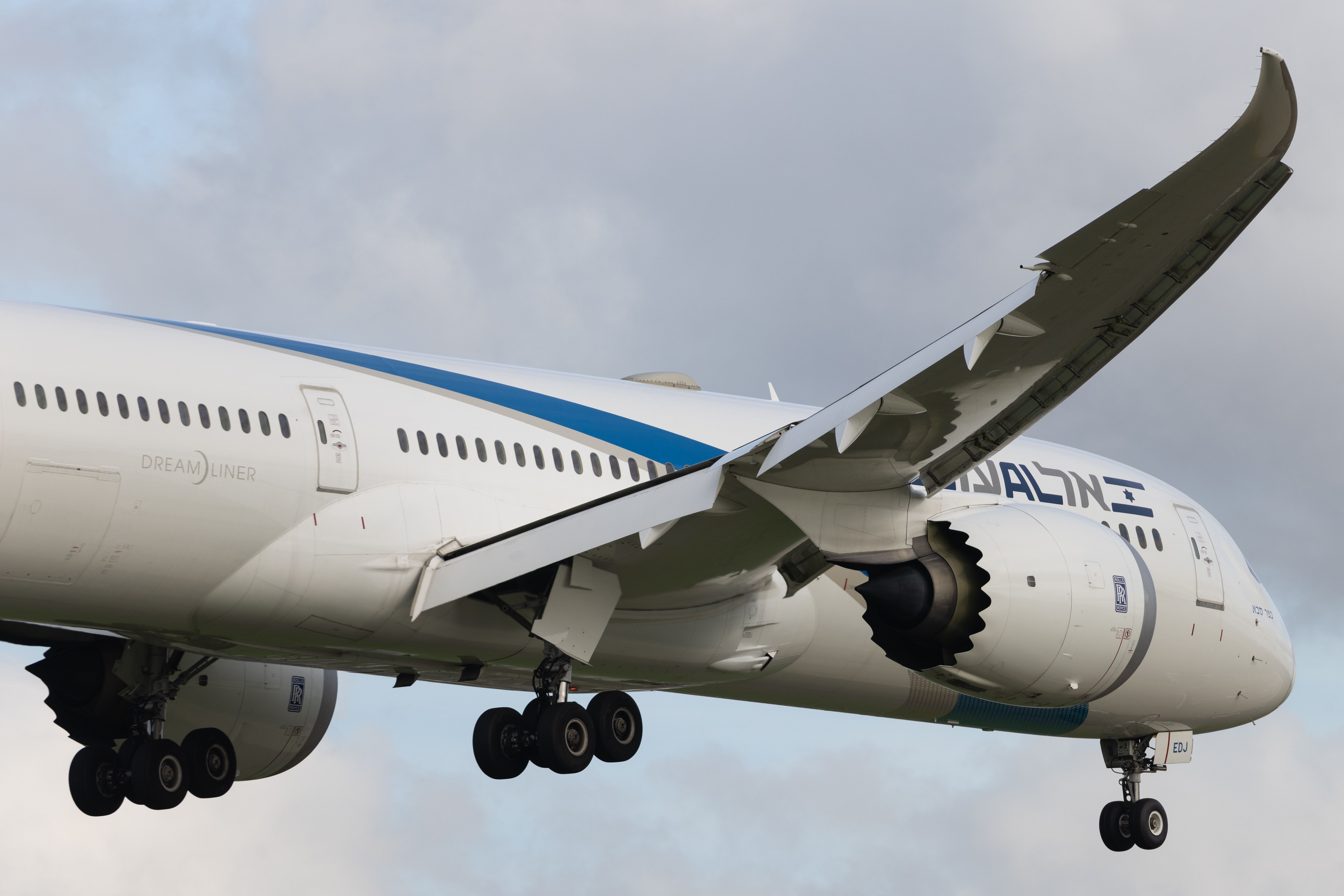 An El Al Israel Airlines Boeing 787 flying in the sky.