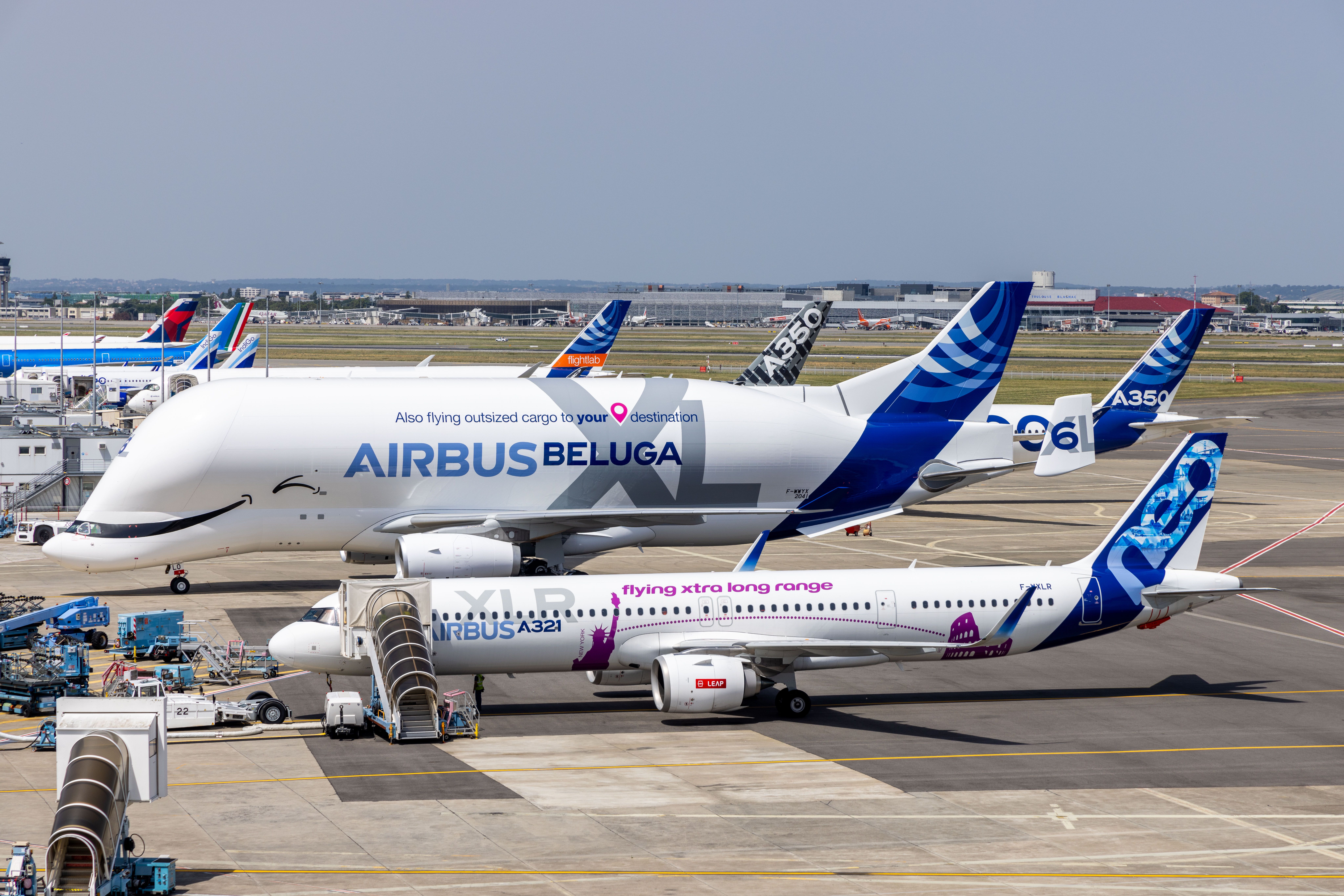 Airbus Beluga XL parked next to Airbus A321XLR.