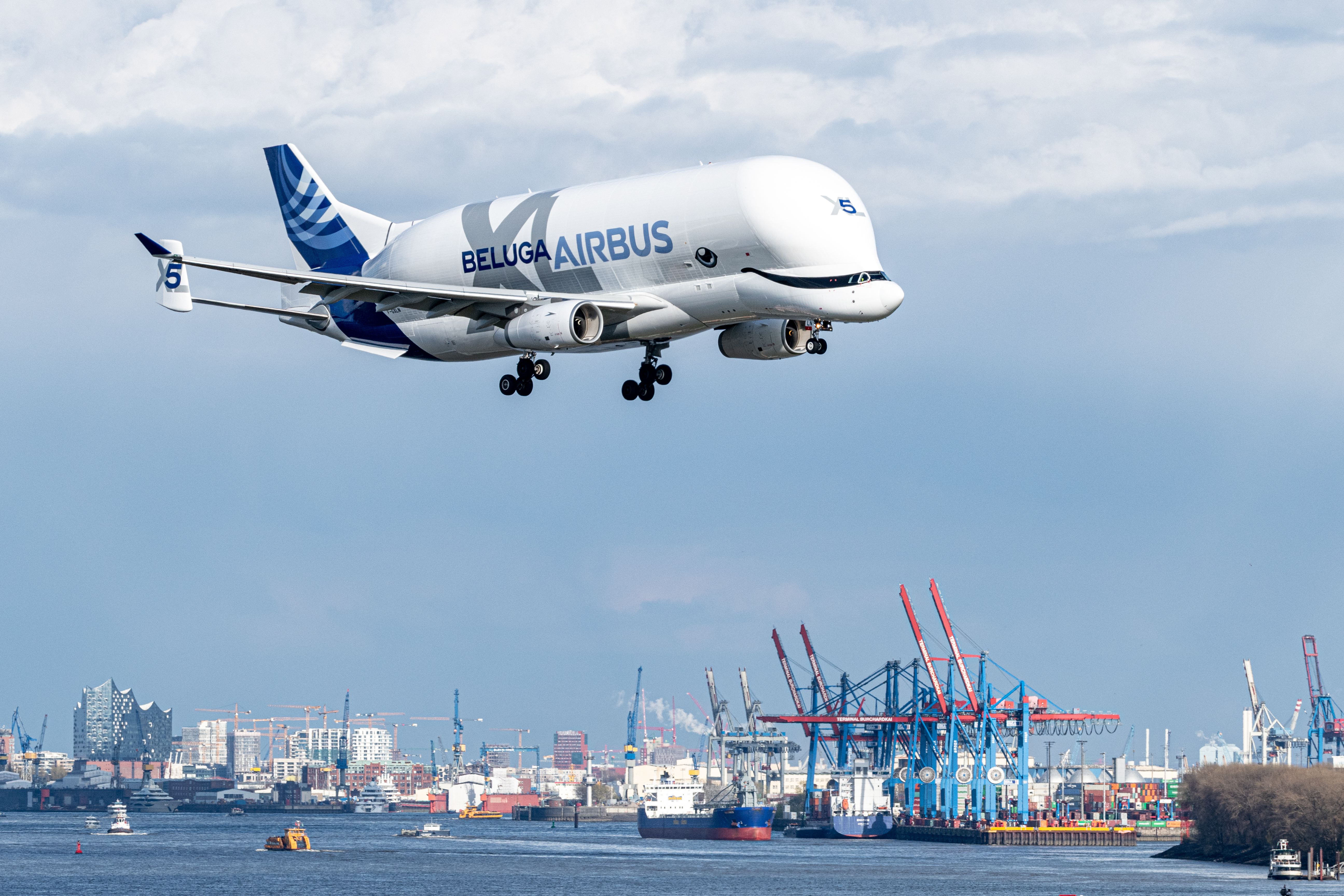 An Airbus BelugaXL about to land.