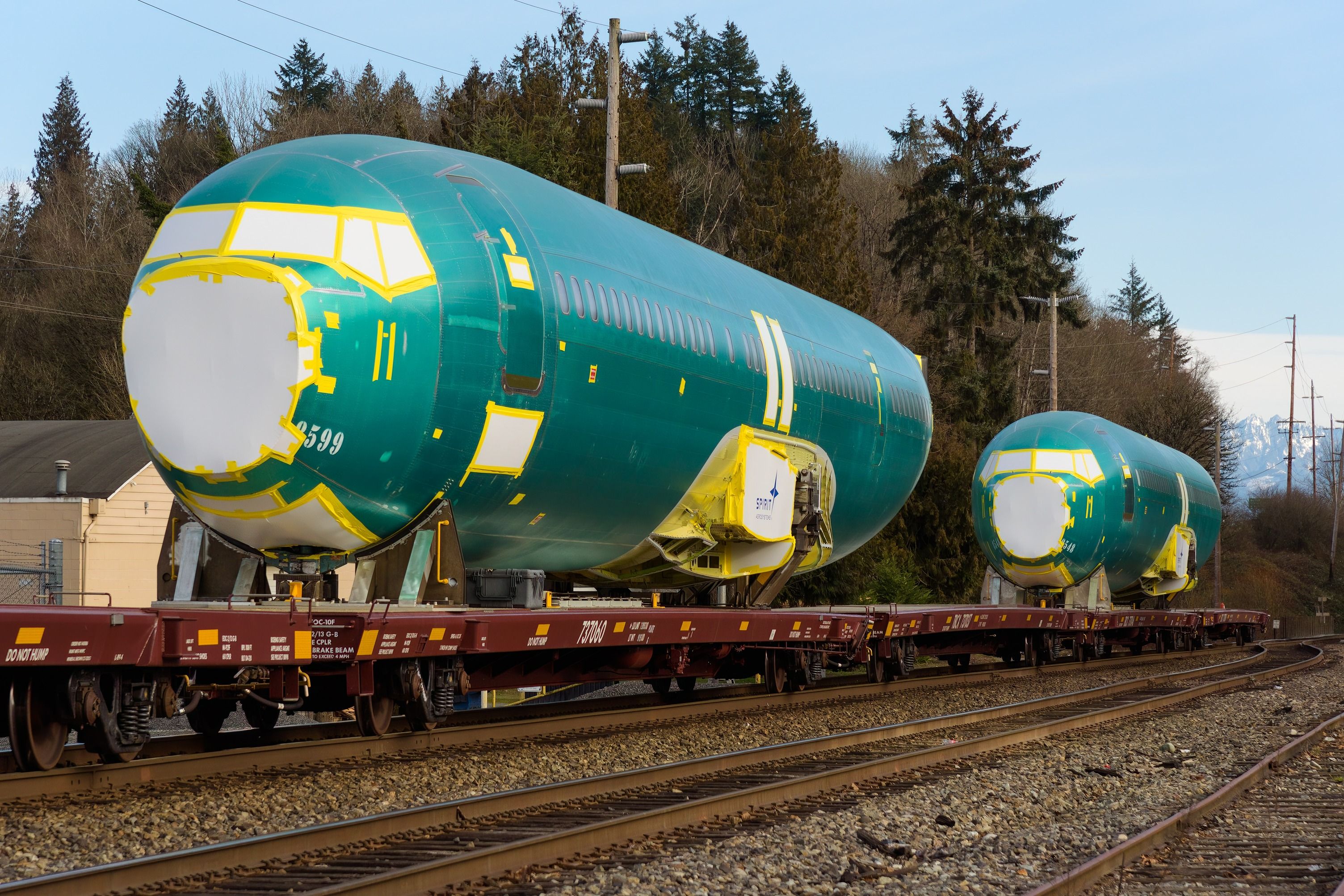 Boeing 737 fuselages being shipped on a train