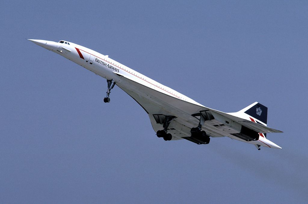 A British Airways Concorde flying in the sky.