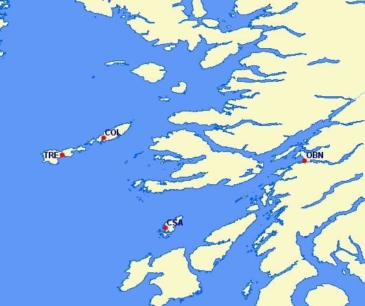 A map of the different airports served by Hebridean Air Services.