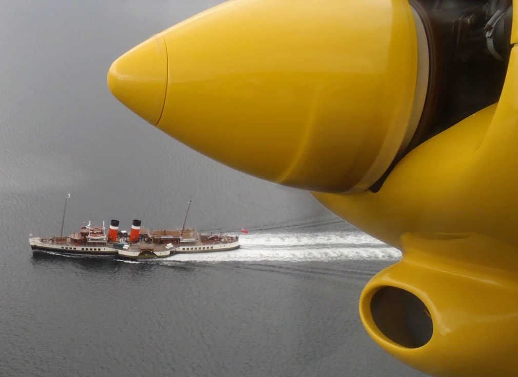 A closeup of a Hebridean Air Services aircraft engine.