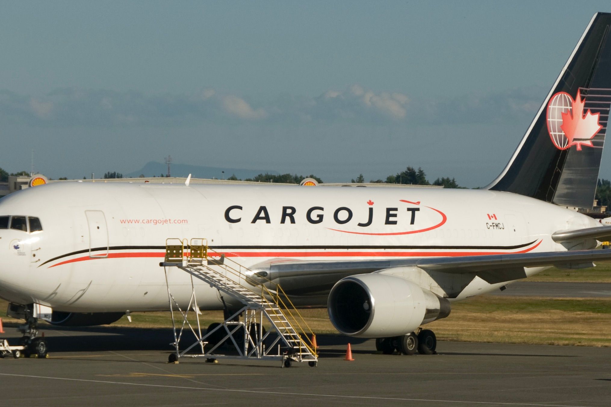 A Cargojet Boeing 767-200 on an airport apron.