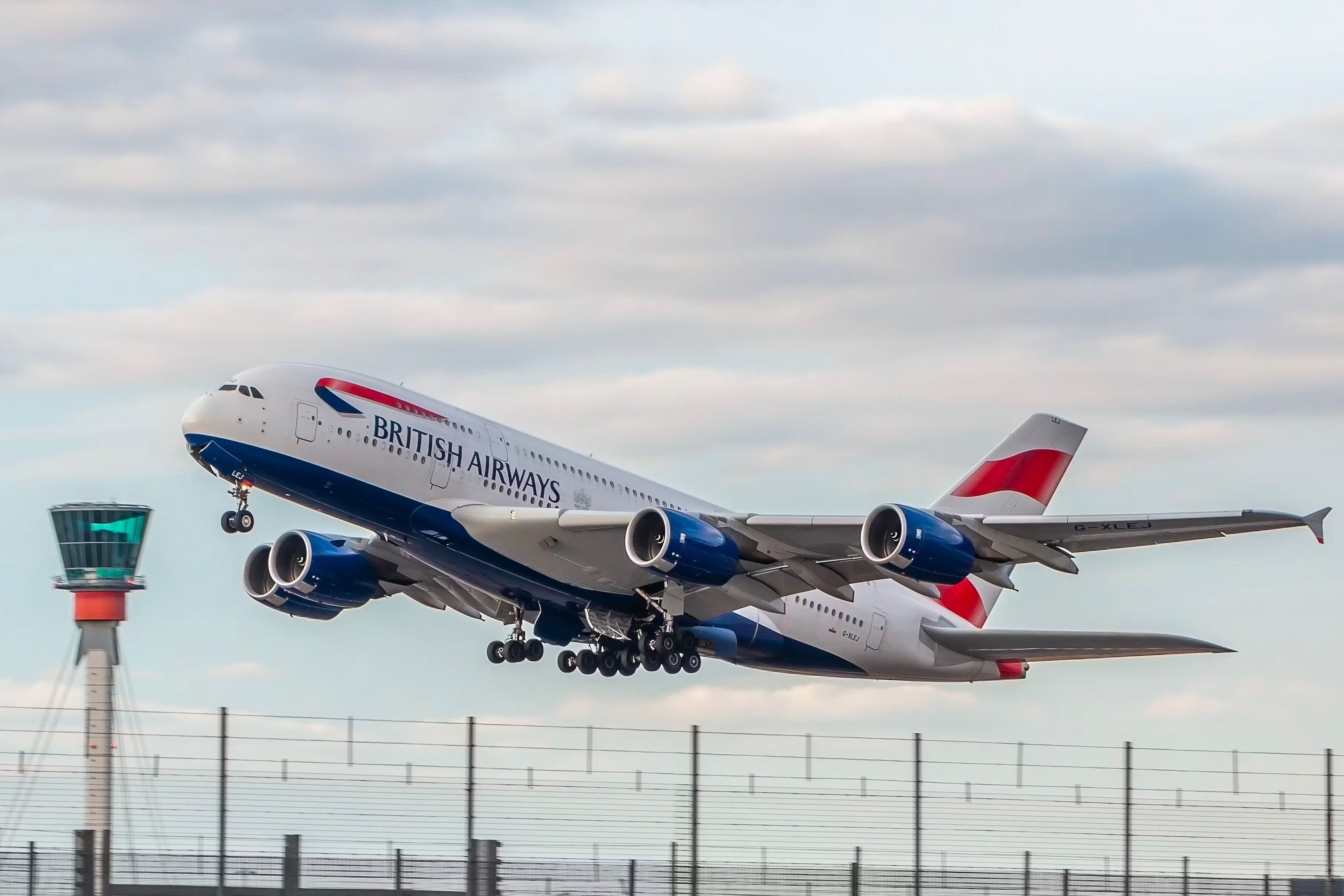 A British Airways A380 taking off from London Heathrow Airport.