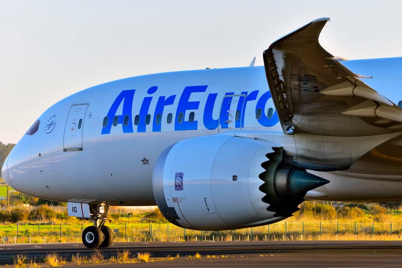 A closeup of the front half of an Air Europa Boeing 787 Dreamliner.