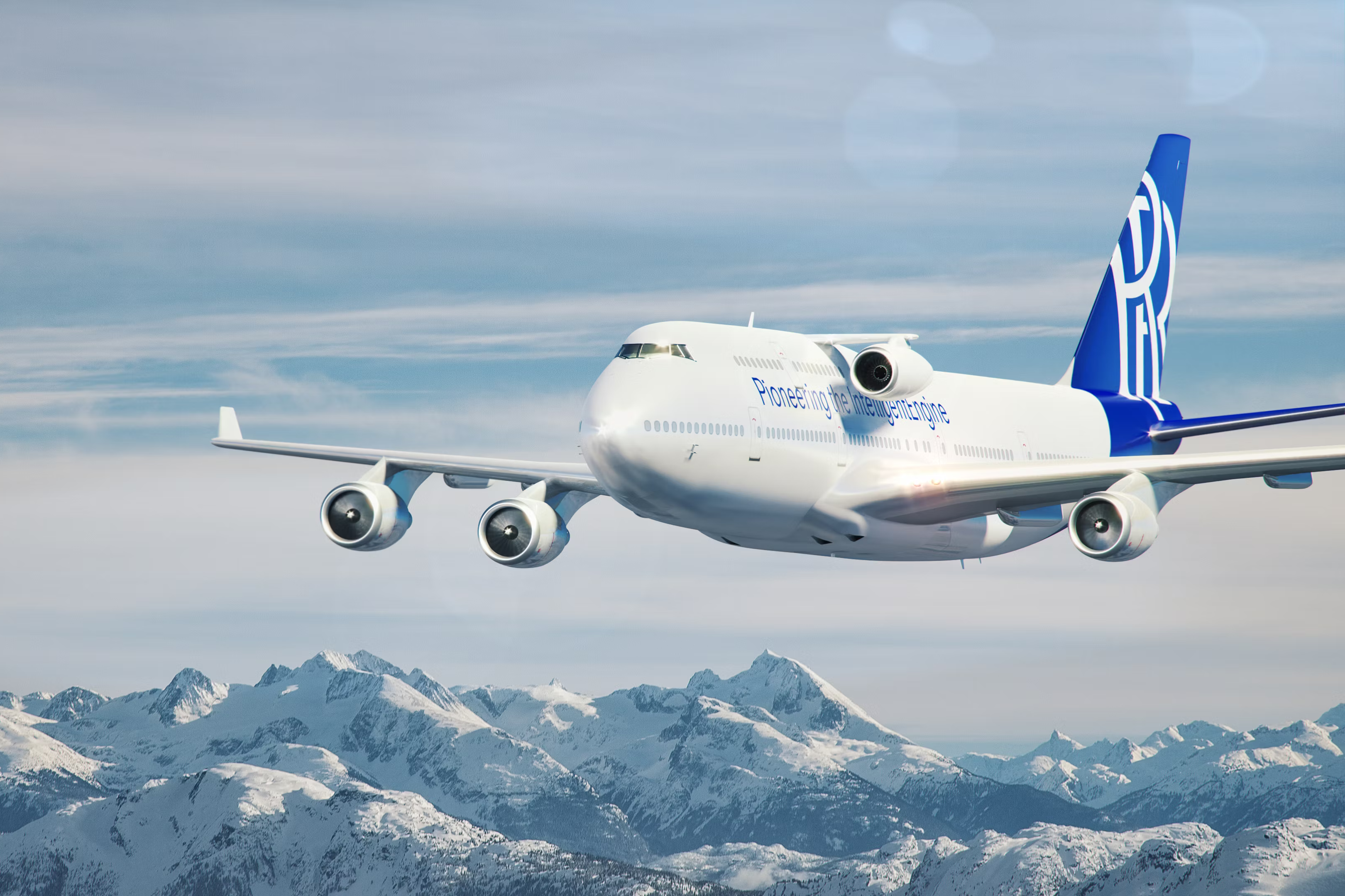 The Rolls-Royce Boeing 747-400 testbed flying over snow-capped mountains.