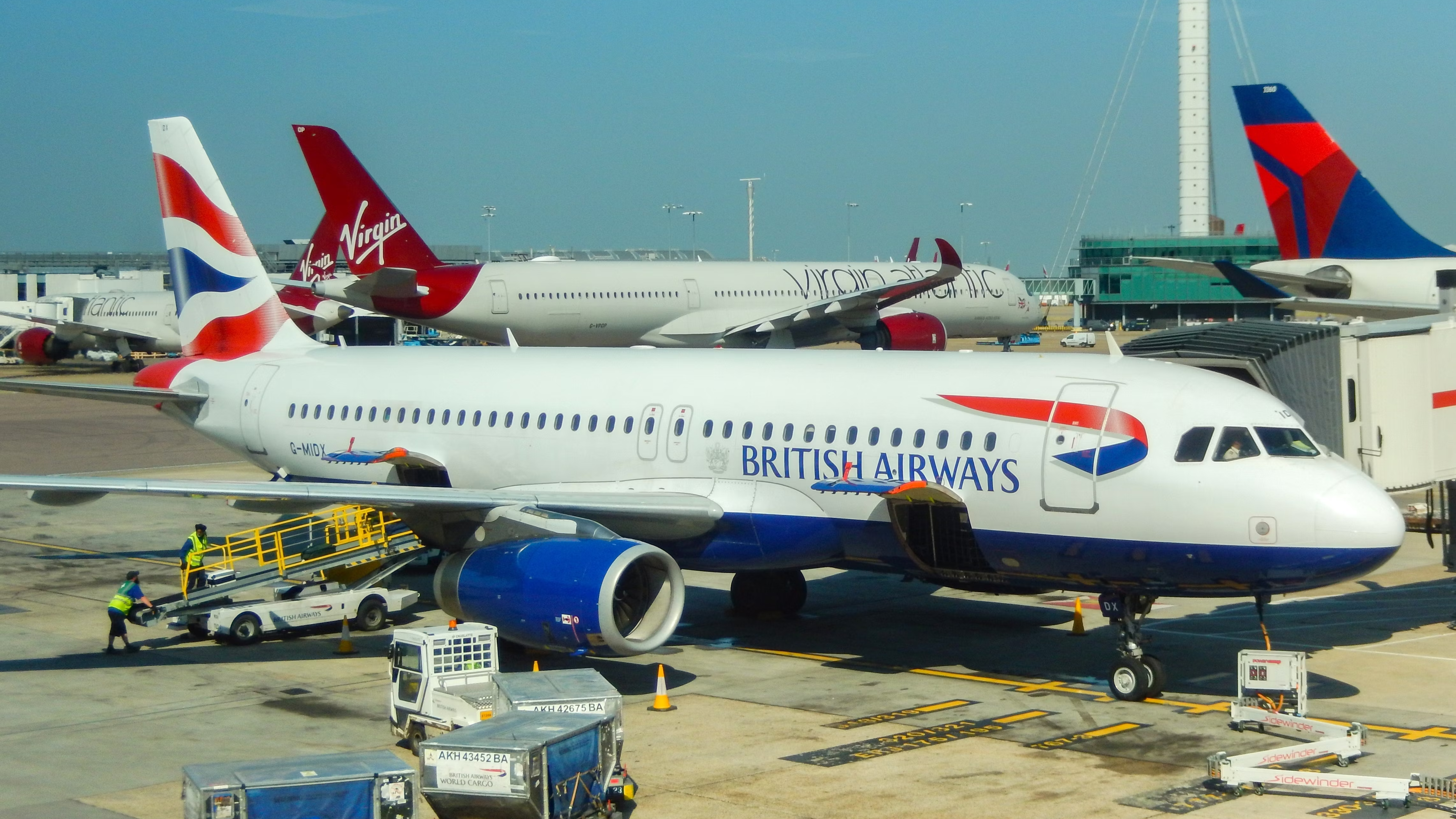 A British Airways Airbus A320 parked at the terminal in Heathrow Airport.