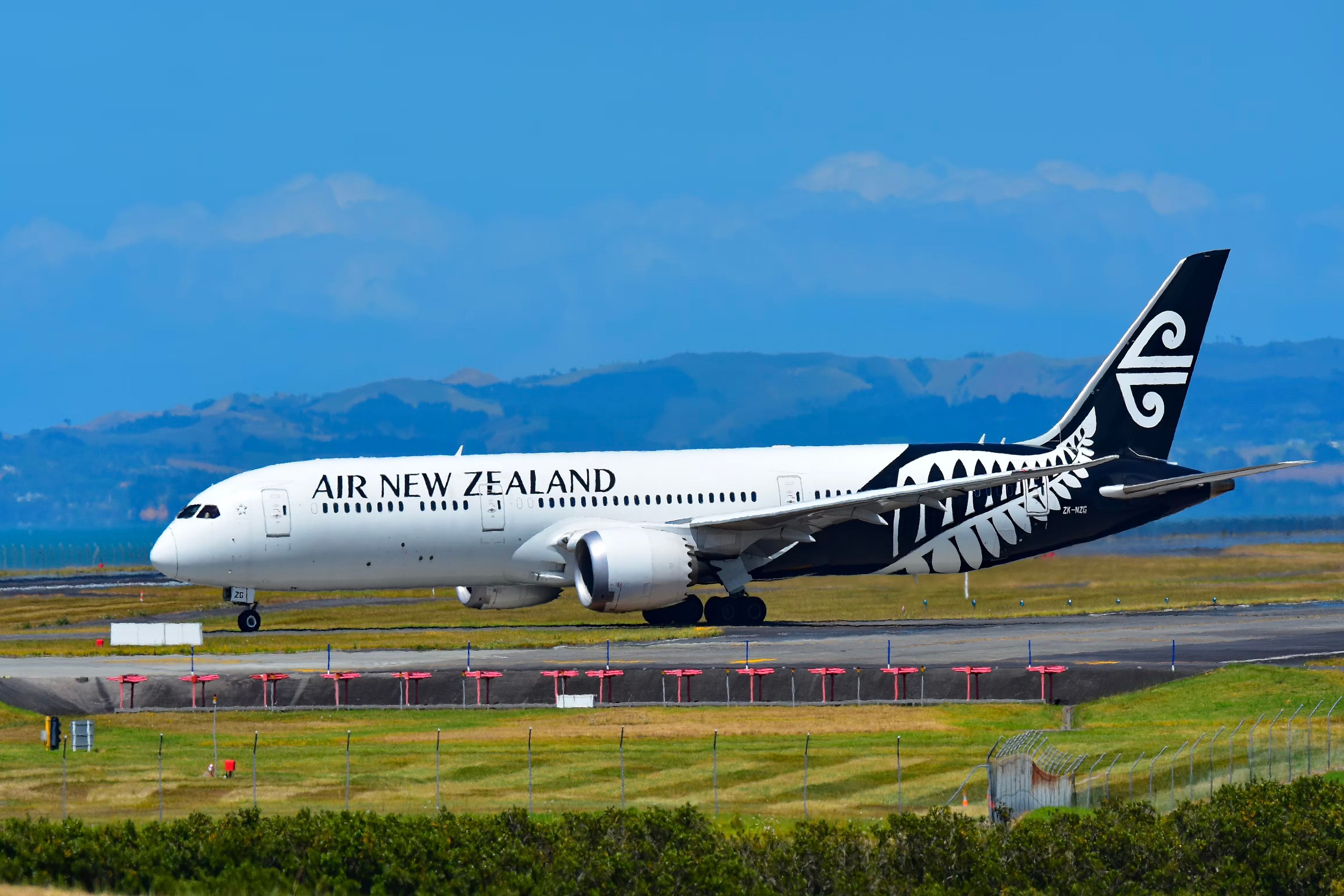 An Air New Zealand Boeing 787-9 Dreamliner on the apron at Auckland Airport.