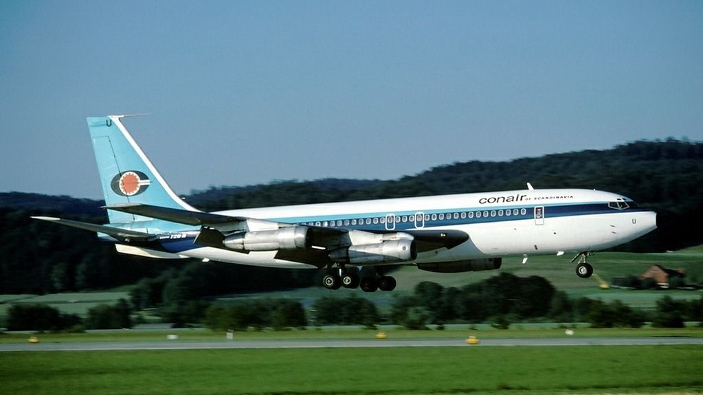 A Conair Boeing 720 about to land.