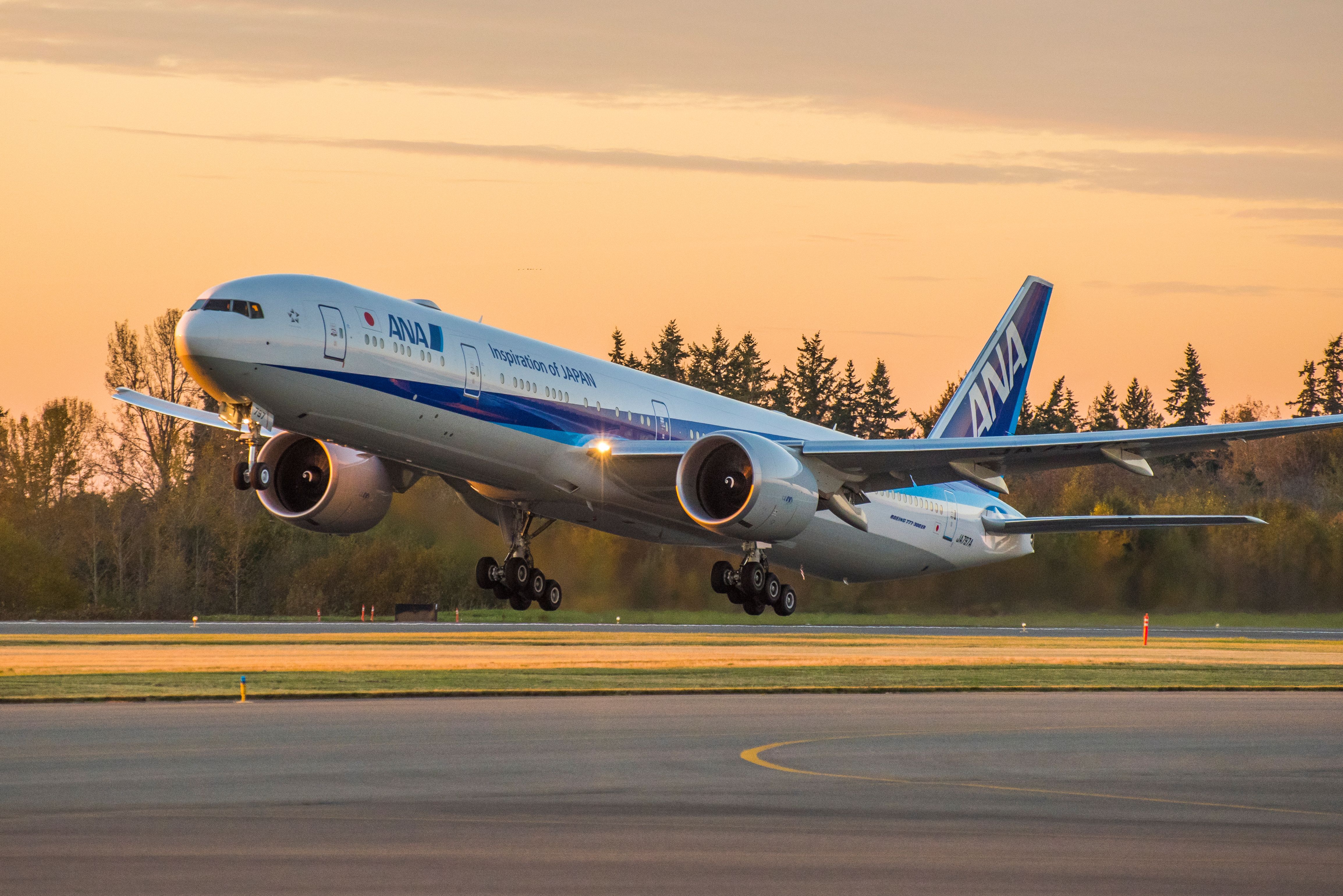 An ANA Boeing 777-300ER taking off. 