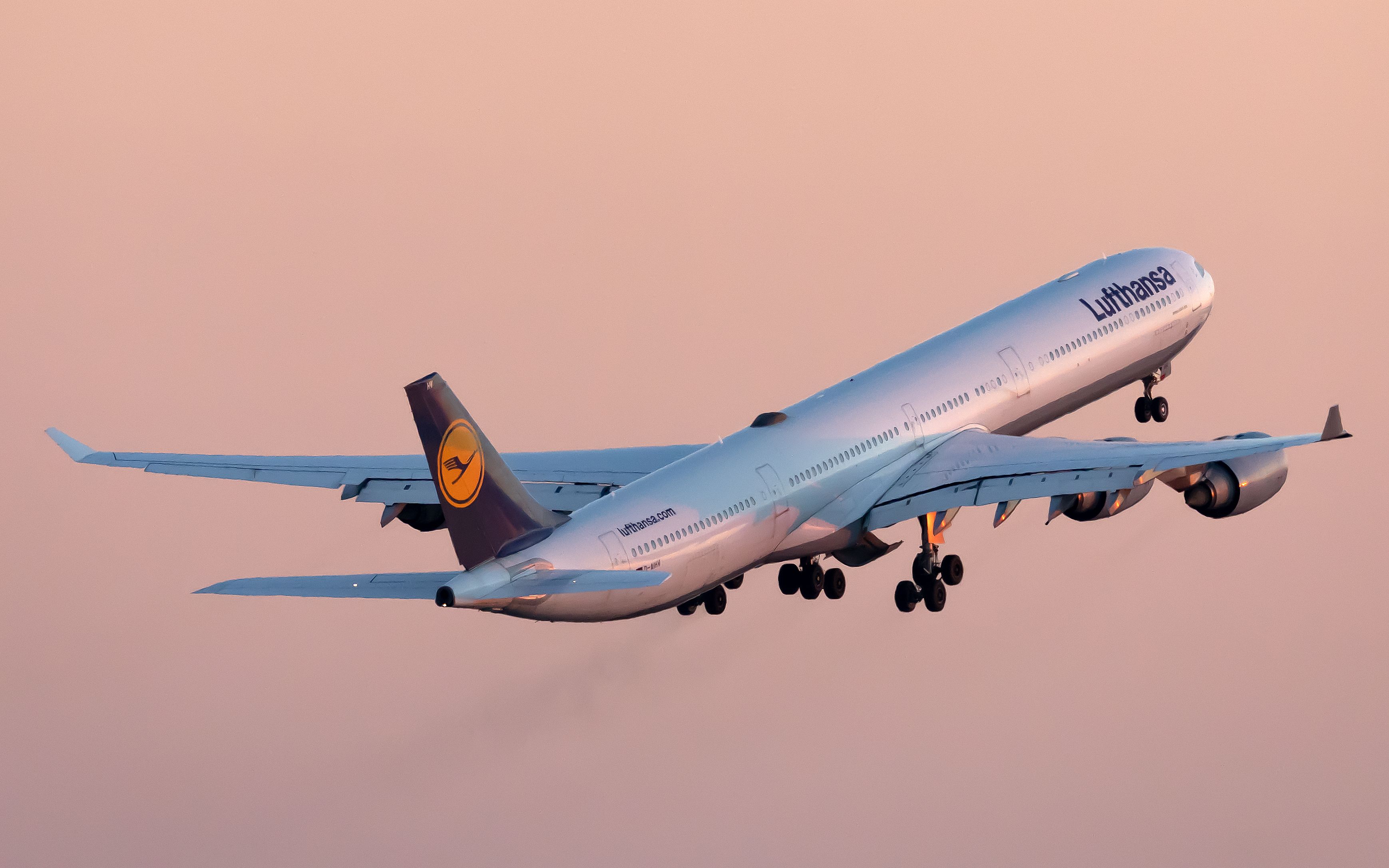 A Lufthansa Airbus A340-642 flying in the sky.