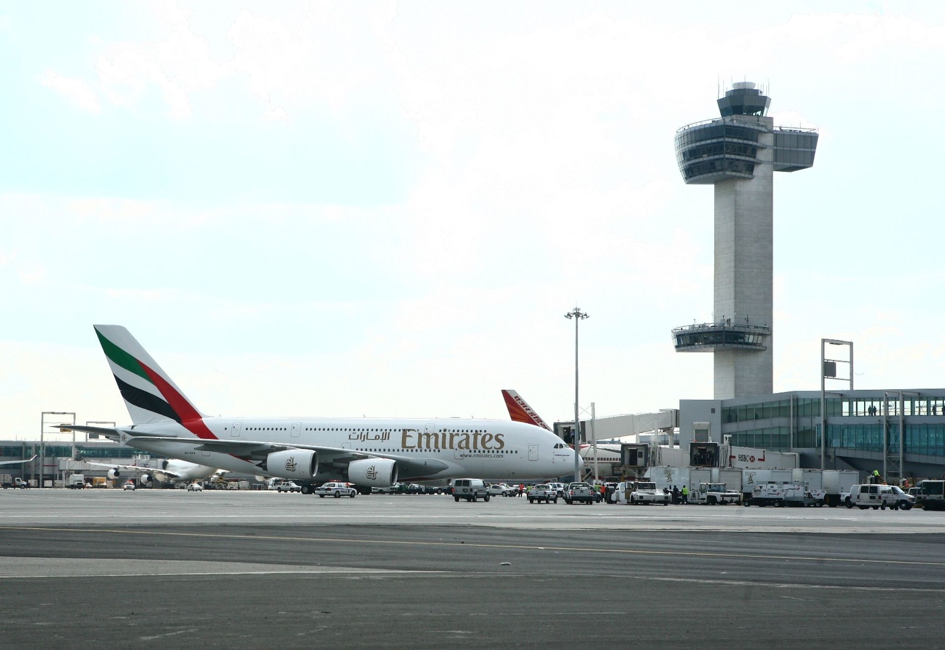 An Emirates Airbus A380 taxiing at New York JFK airport.