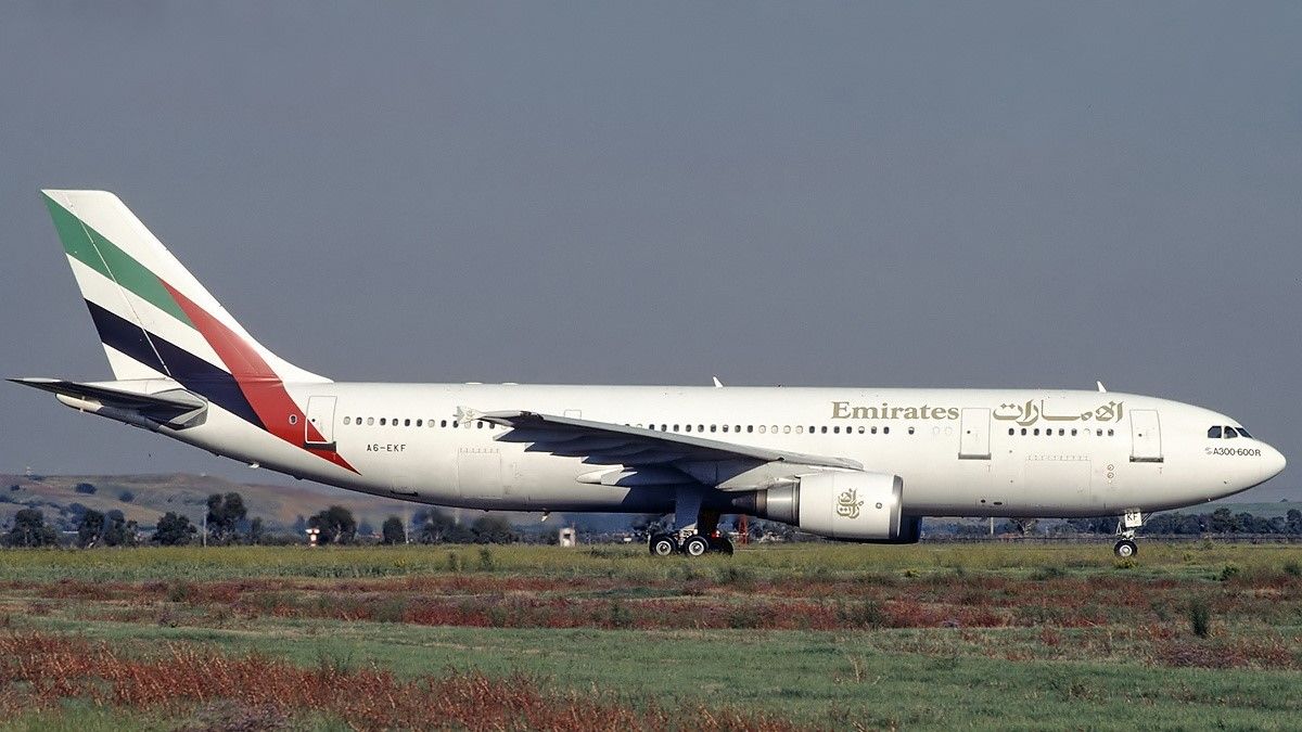 An Emirates Airbus A300 on a taxiway.