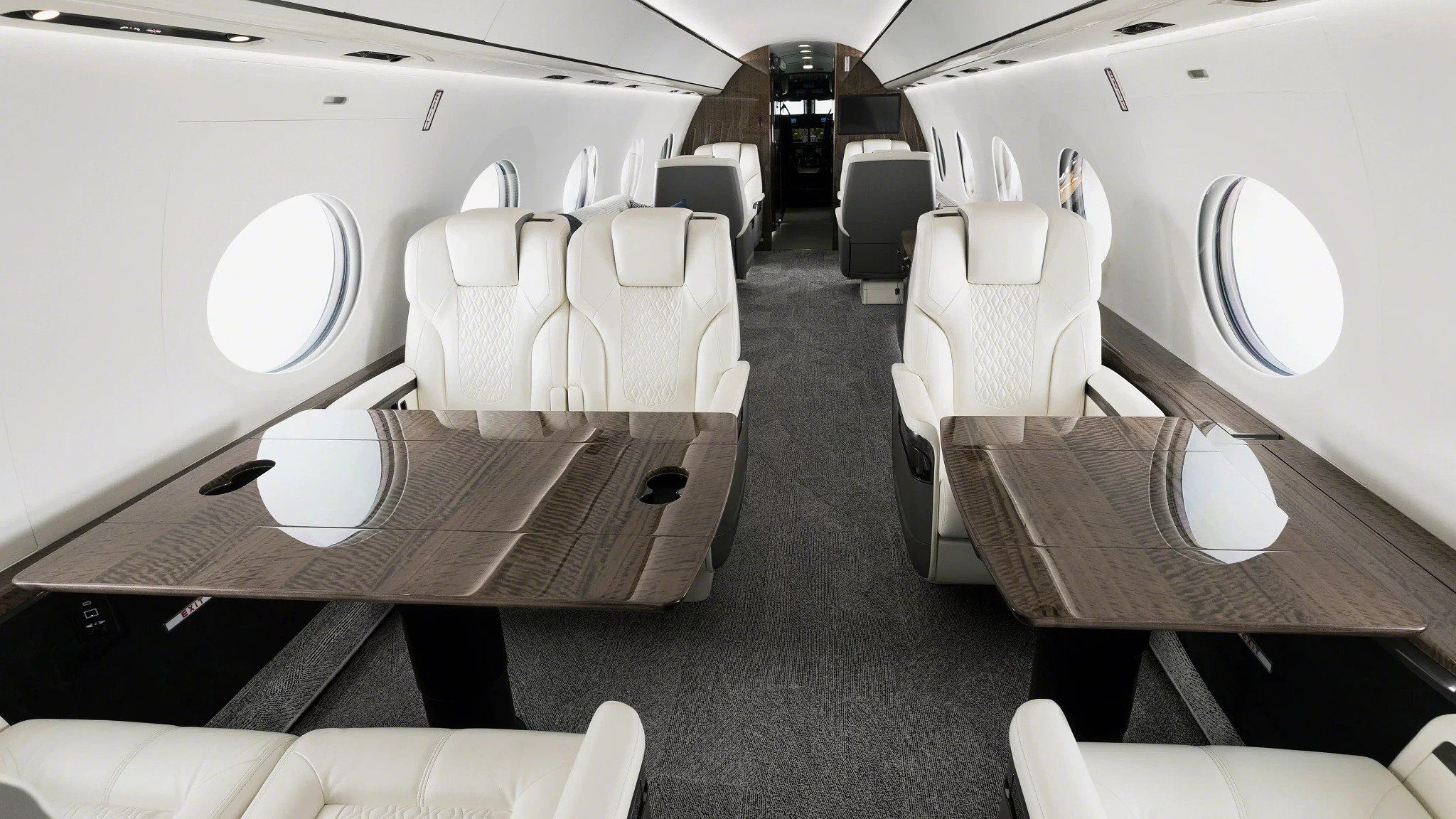 Inside the main cabin area of a Gulfstream G700.