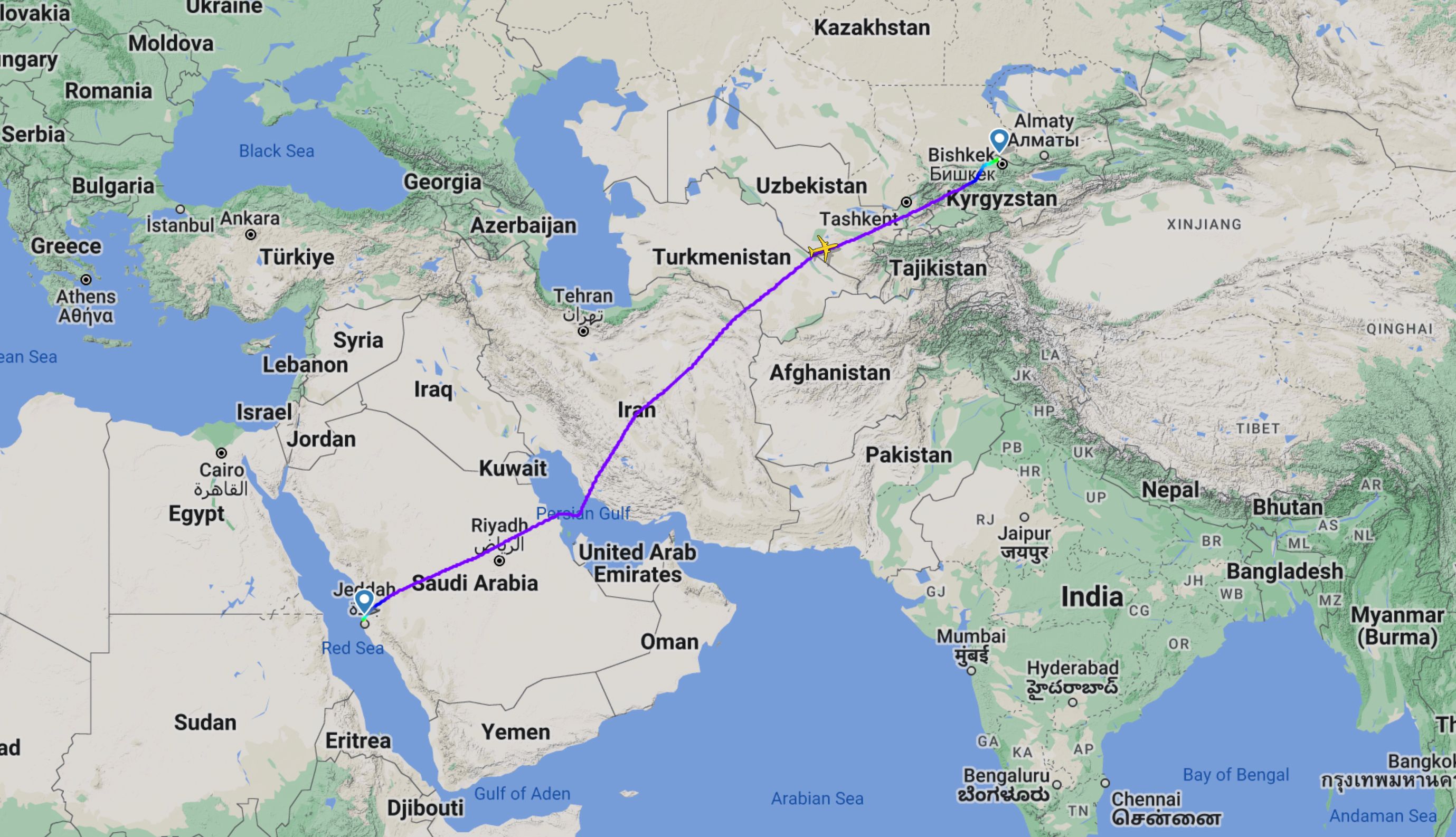 Furinas Jeddah Bishkek flight map