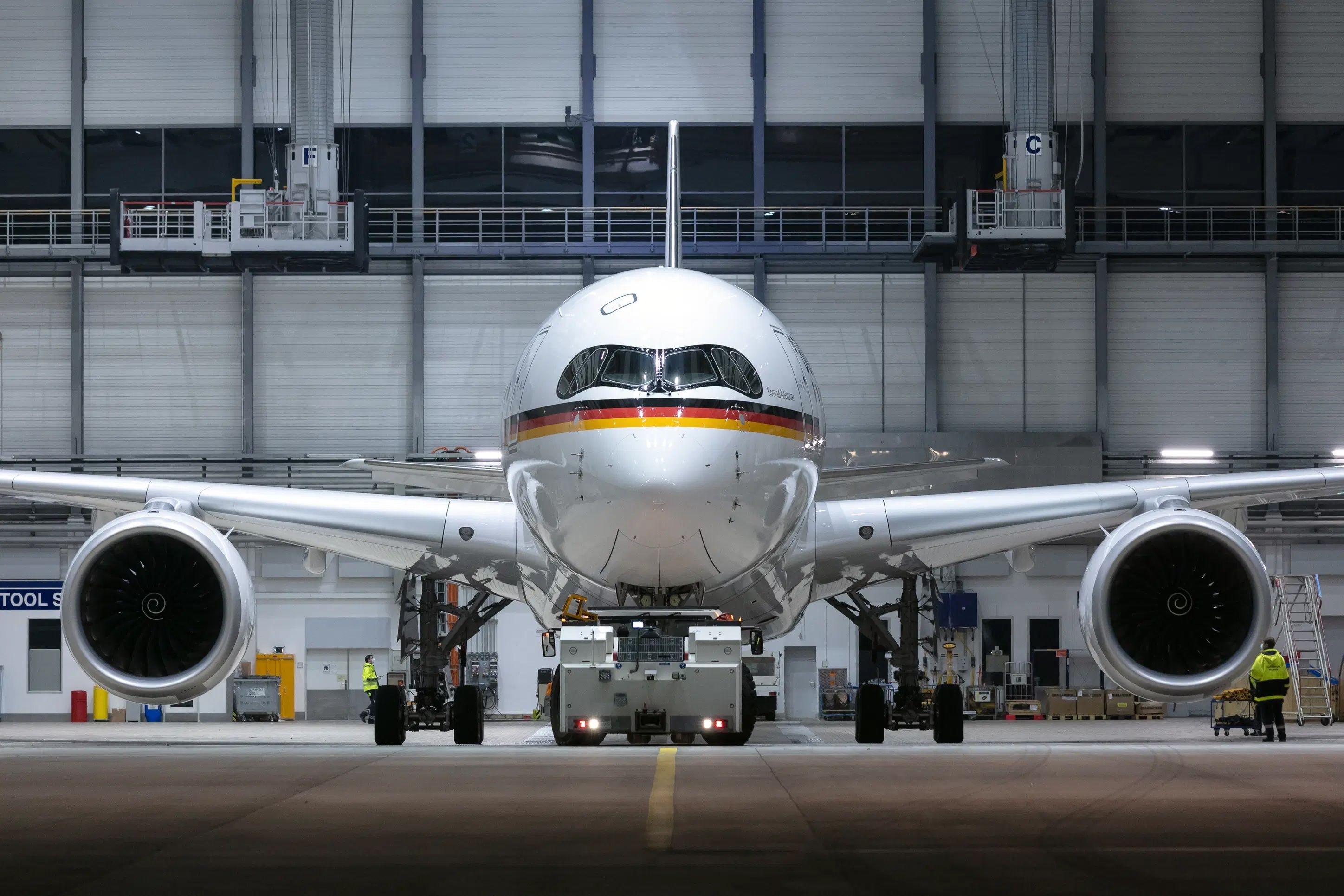 Germany's presidential A350 being moved out of a hangar.