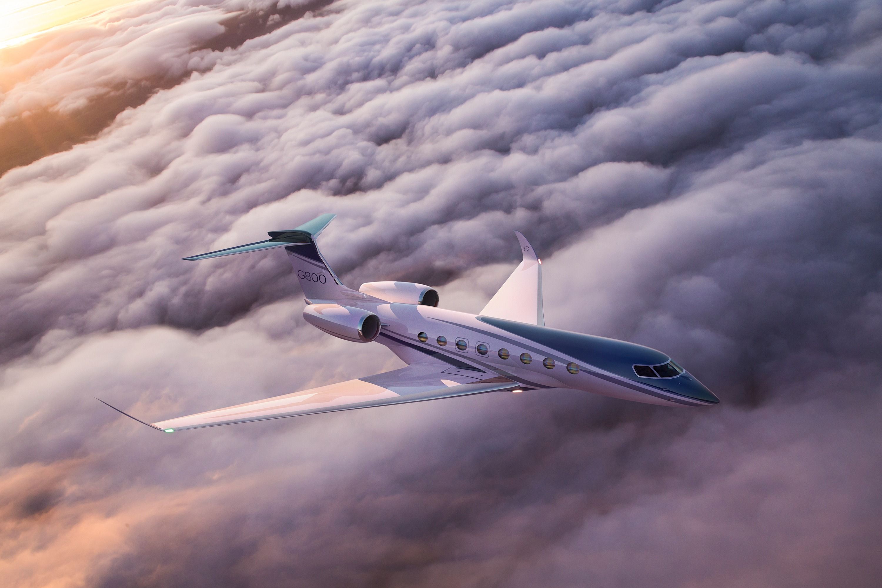 A Gulfstream G800 flying above the clouds.