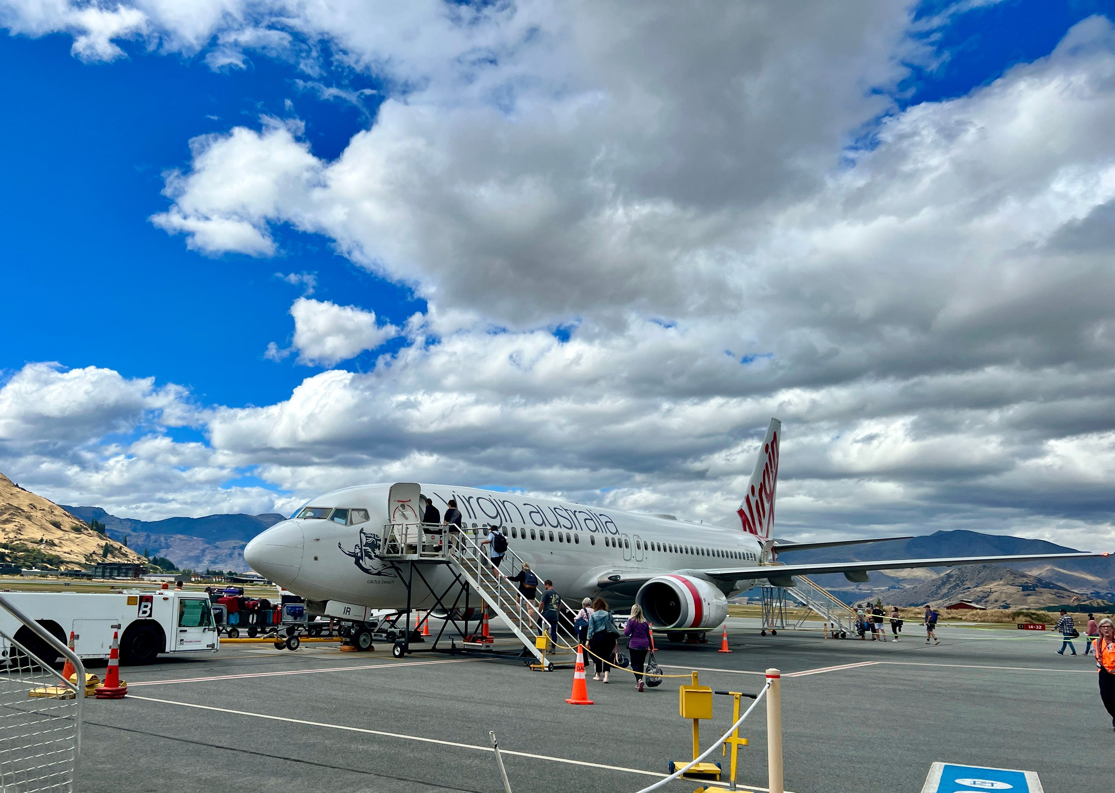 A Virgin Australia flight at Queenstown Airport in New Zealand