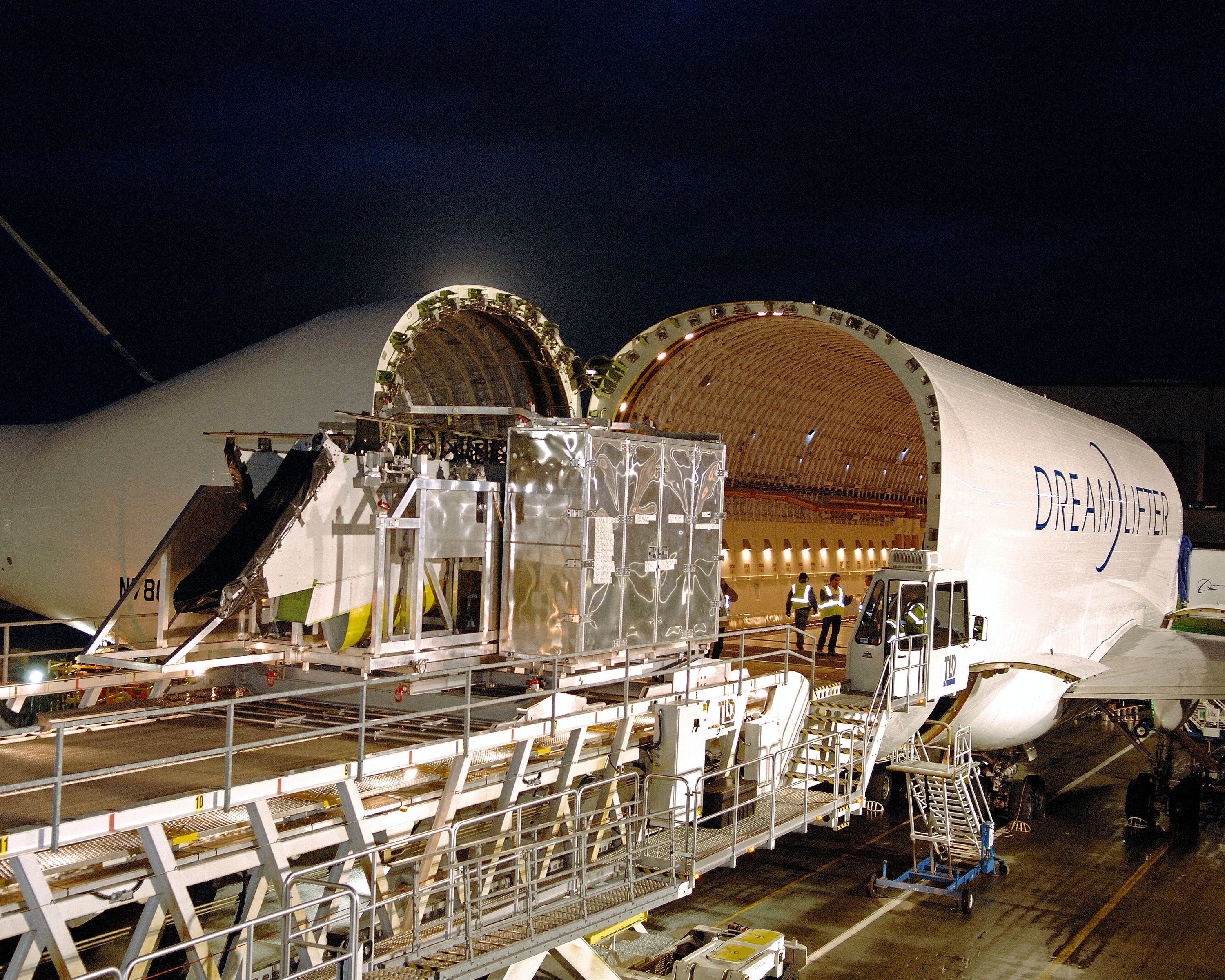 Cargo being loaded into a Boeing Dreamlifter.