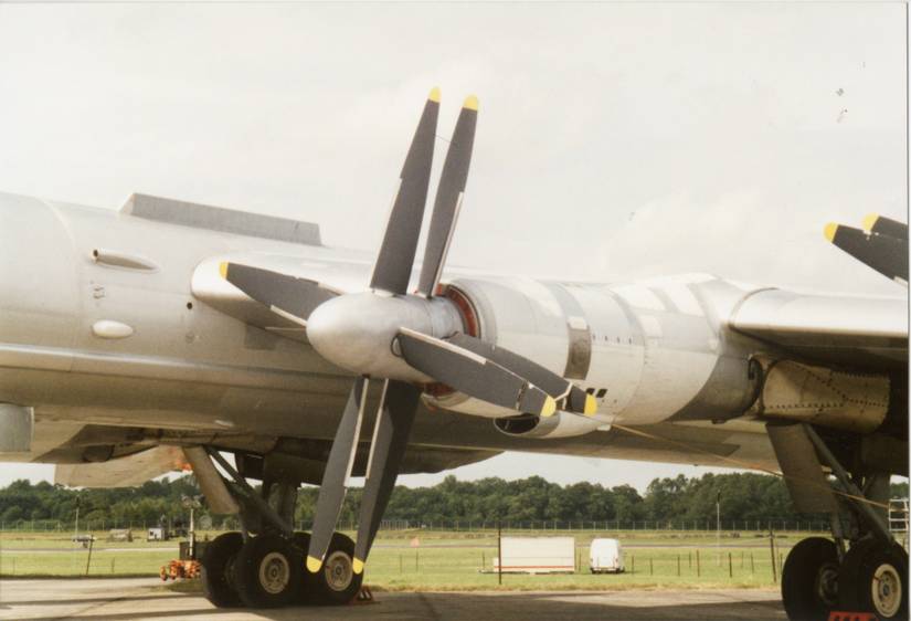 A closeup of the Kuznetsov NK-12M turboprop engine on a Tupolev Tu-95.