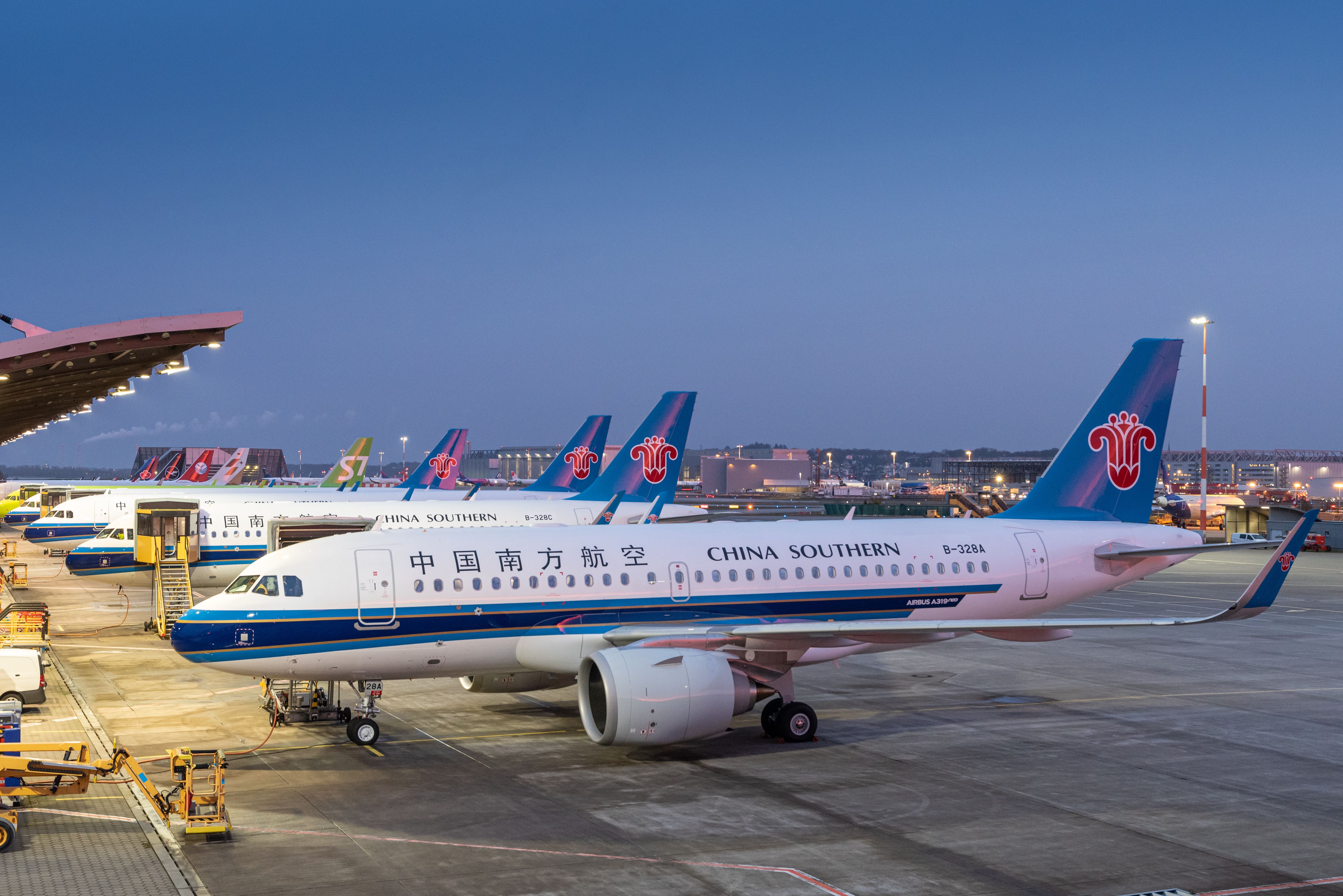 A China Southern Airlines Airbus A319neo Parked At Night.