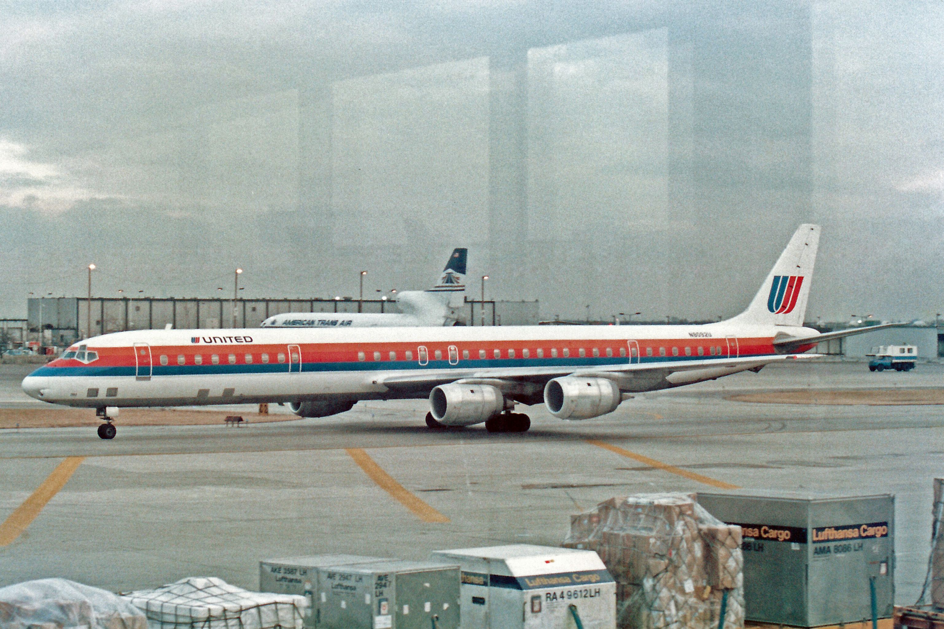 A United Airlines DC-8 taxiing through Chicago O'Hare International Airport.