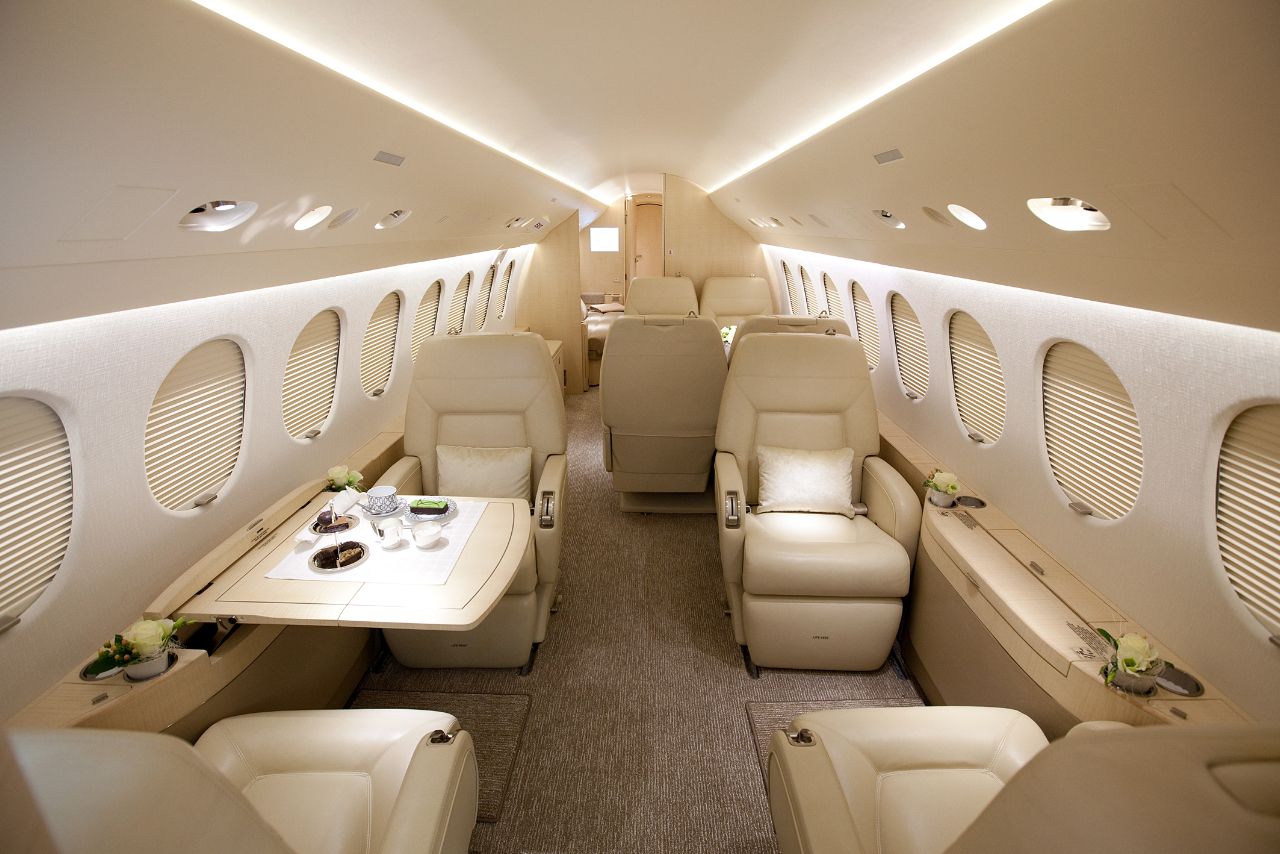 The inside of a Dassault Falcon 7X.
