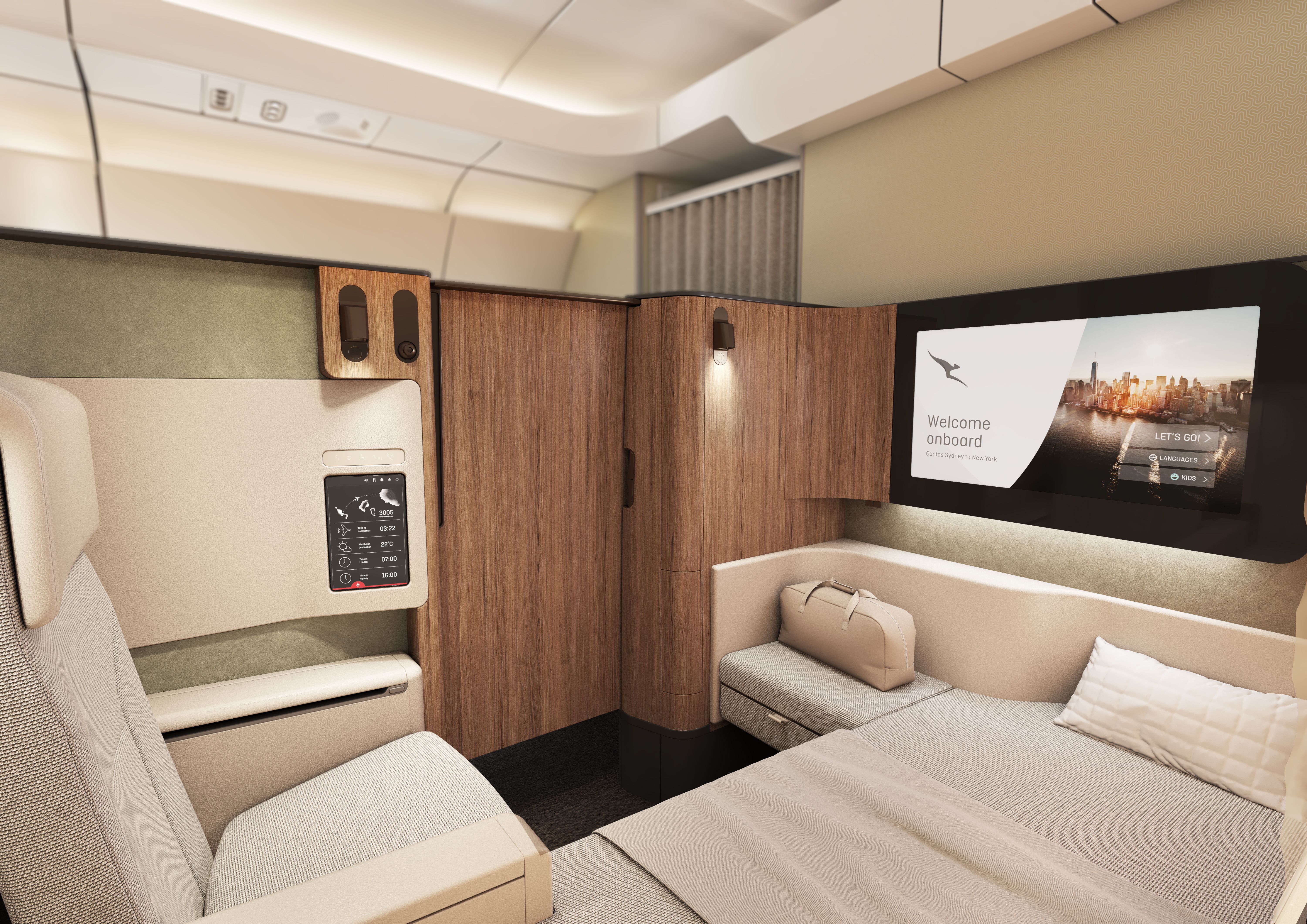 Inside a Qantas First Class suite on The Project Sunrise Airbus A350.