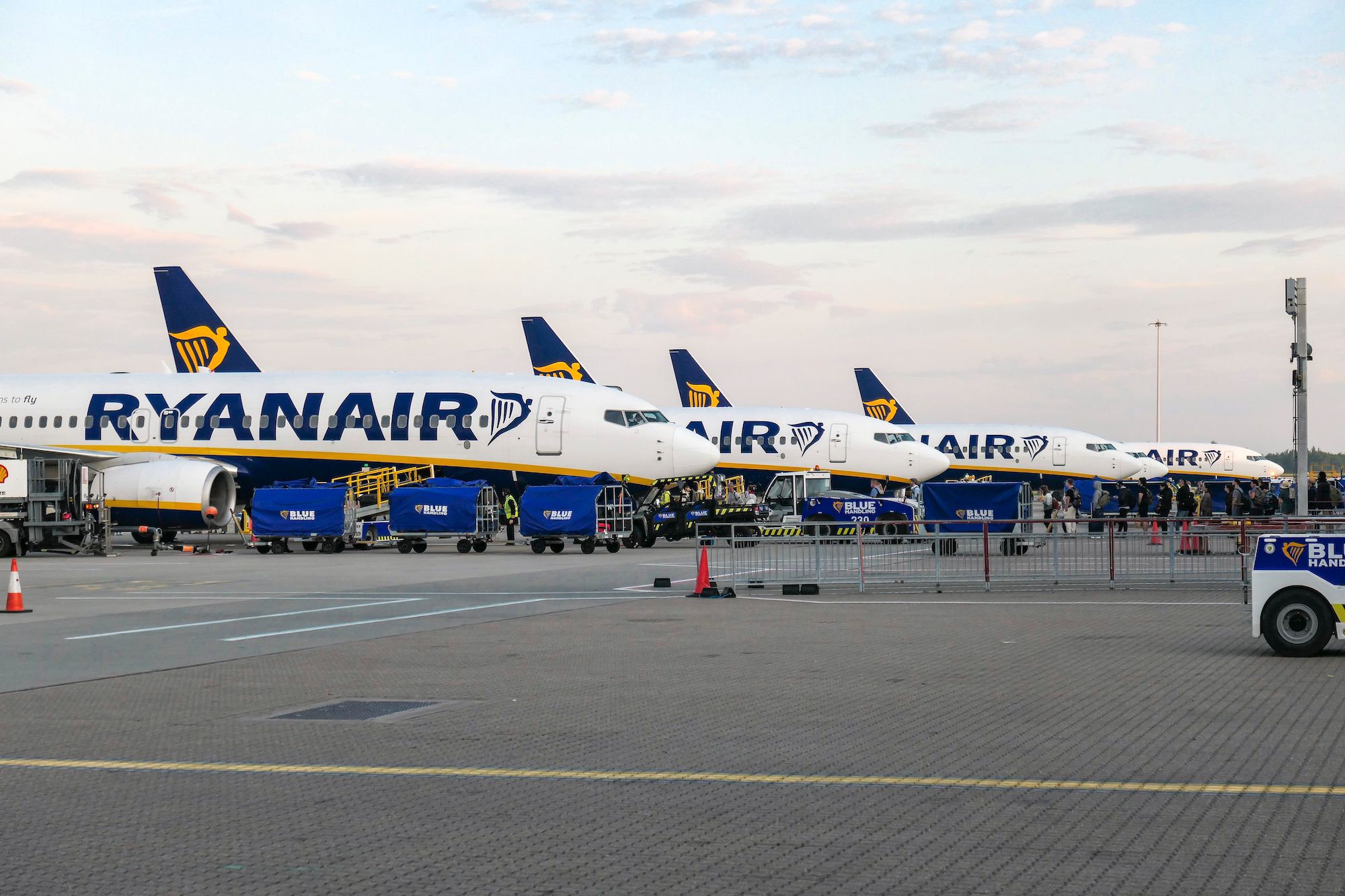 Several Ryanair Boeing 737s parked oon the apron at London Stansted Airport.