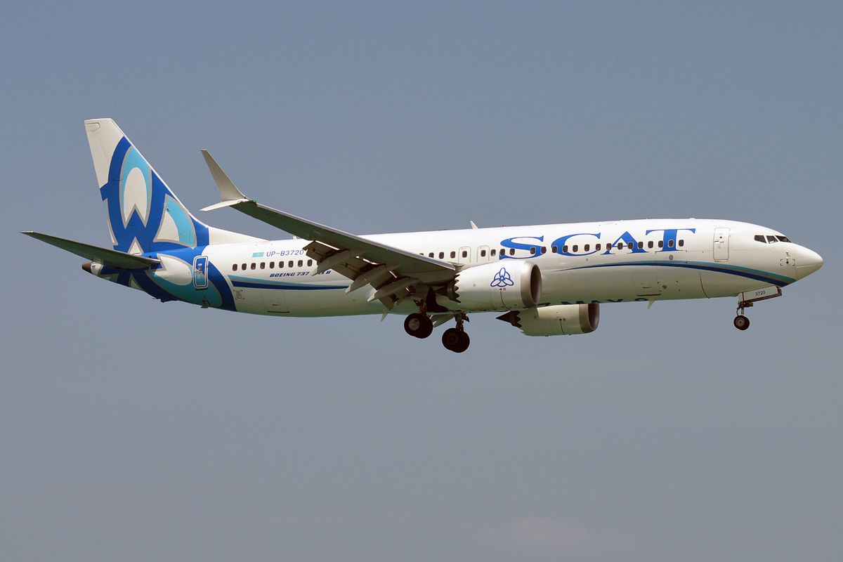 A SCAT Airlines Boeing 737 MAX flying in the sky.